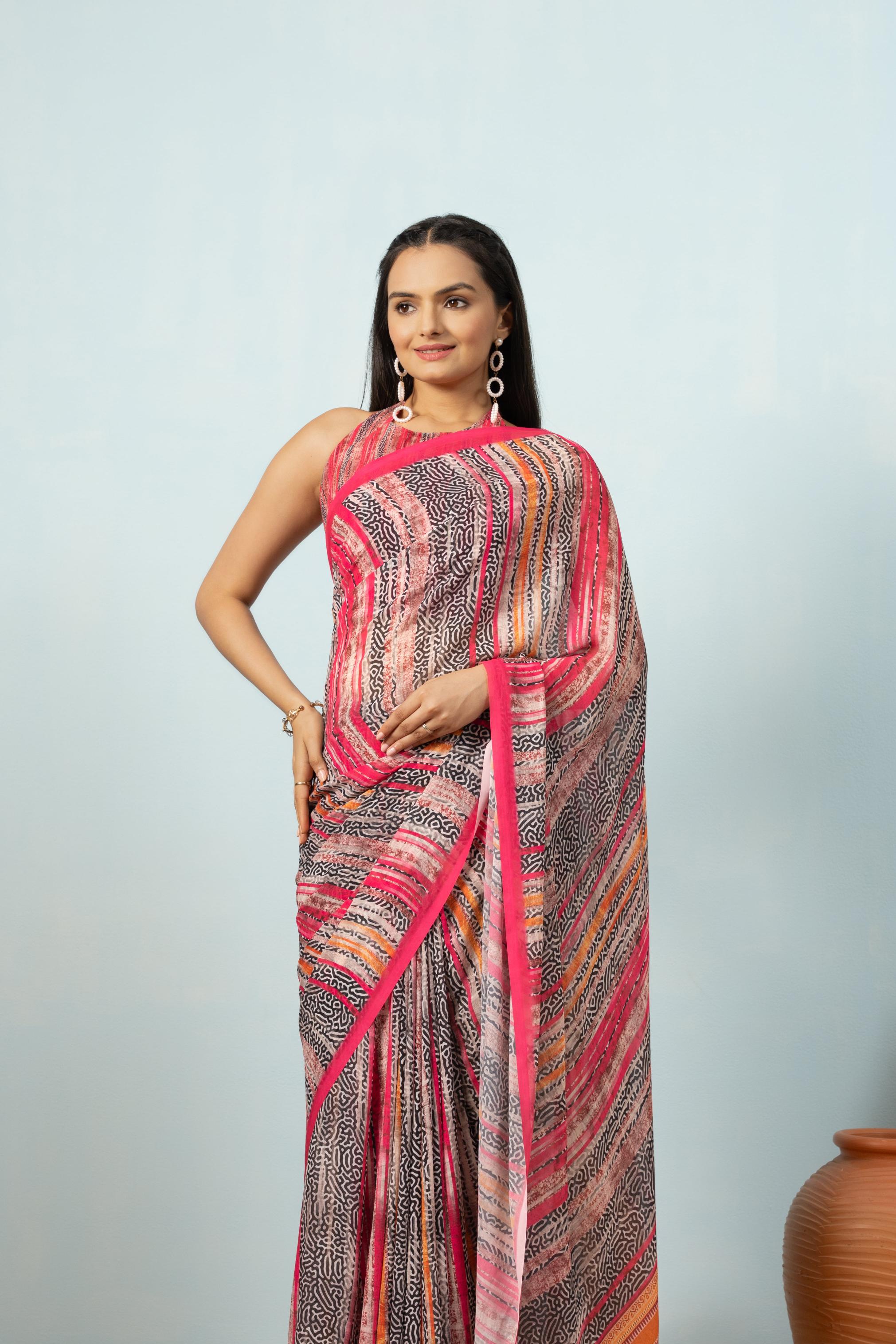 Striped Digital Printed Georgette Ready to wear Saree