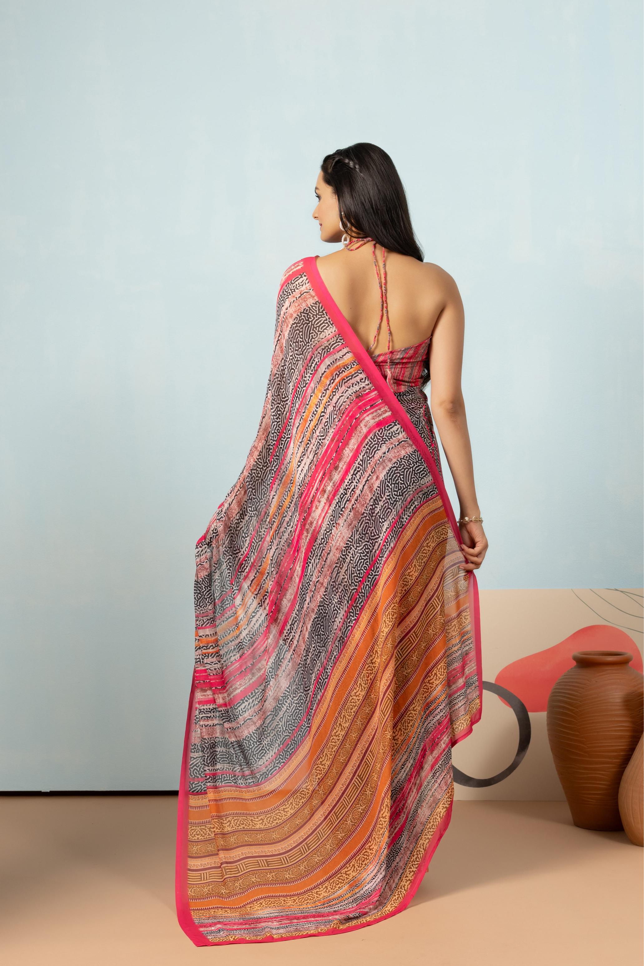 Striped Digital Printed Georgette Ready to wear Saree