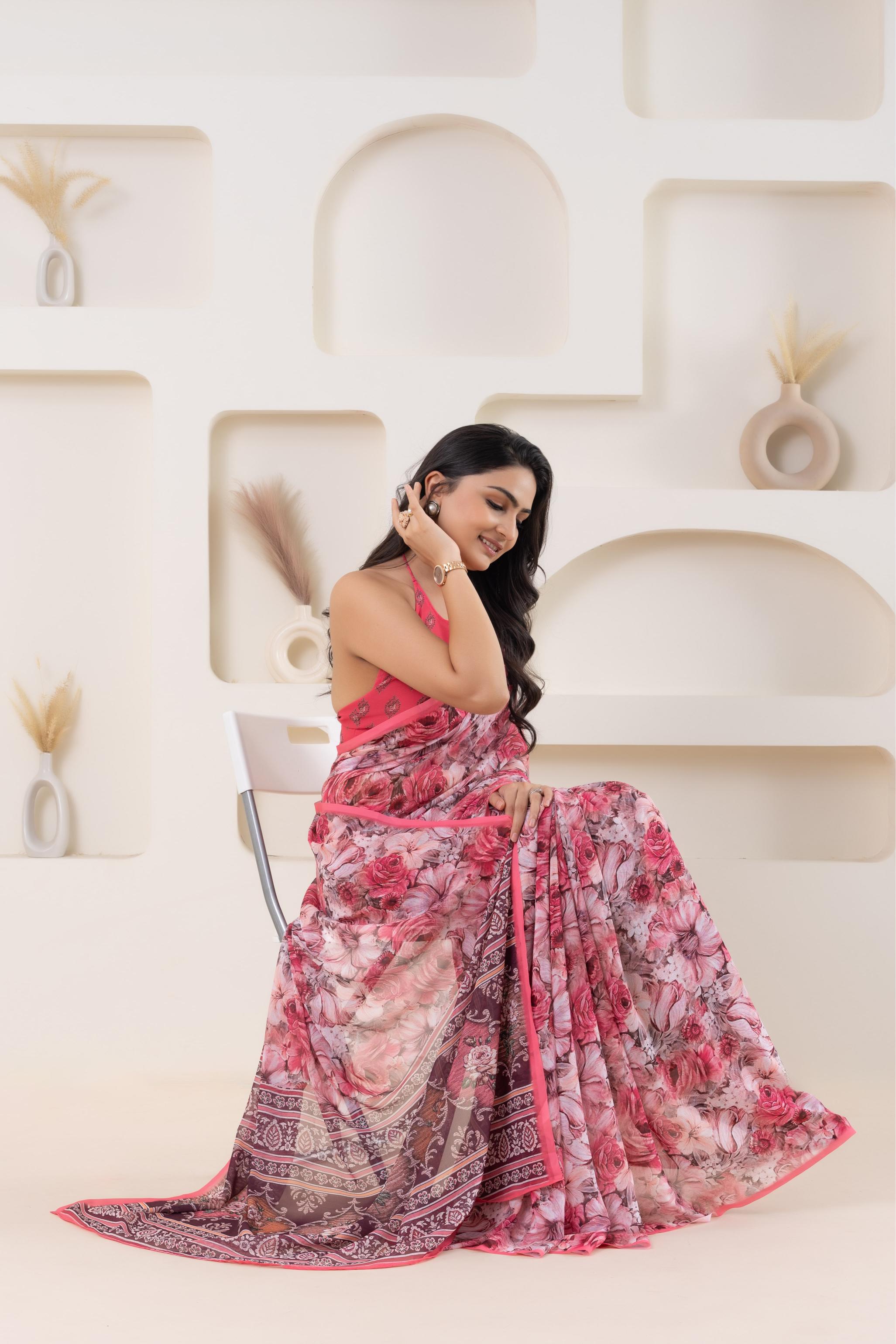 Elegant Digital Floral Printed Georgette Saree