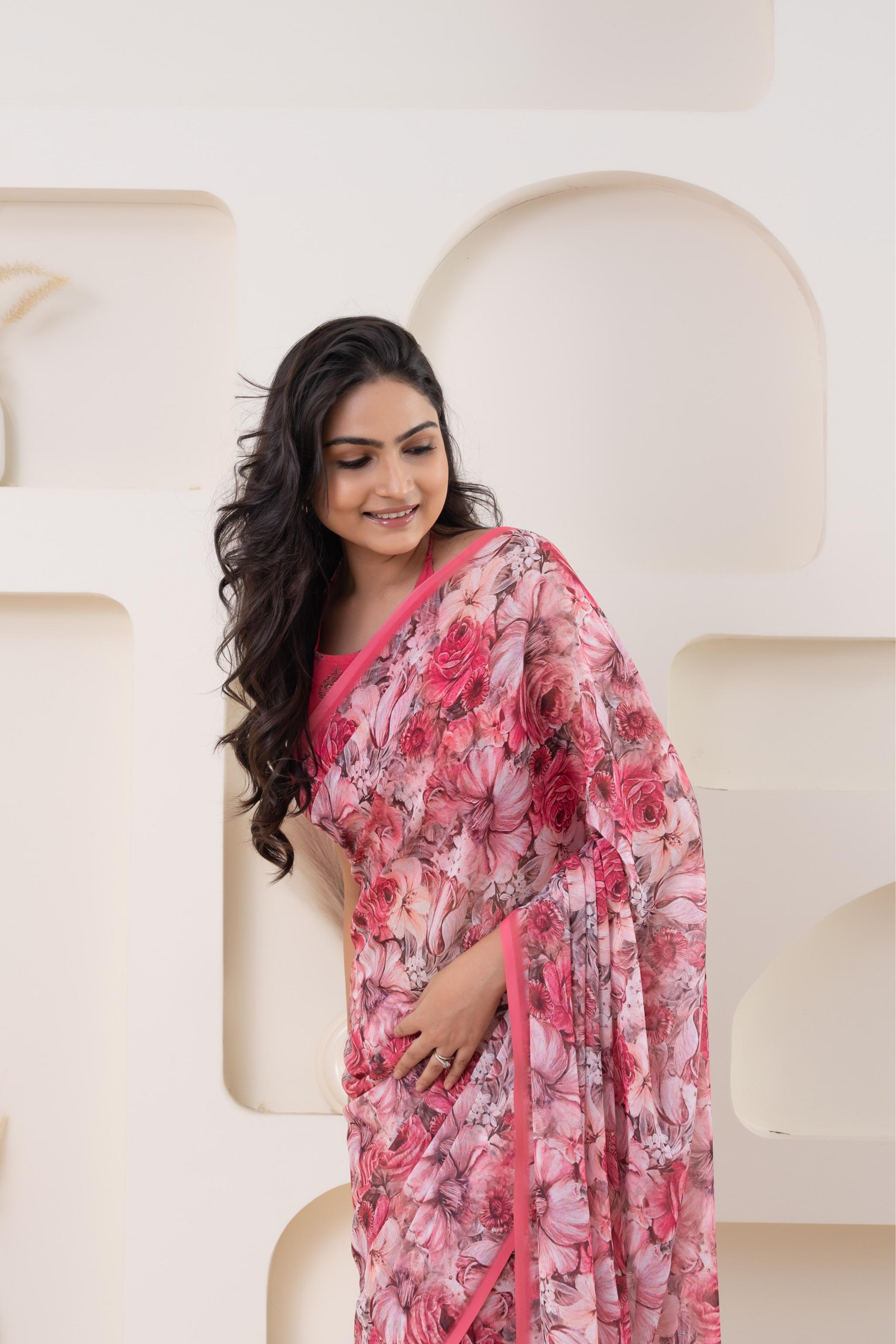 Elegant Digital Floral Printed Georgette Saree