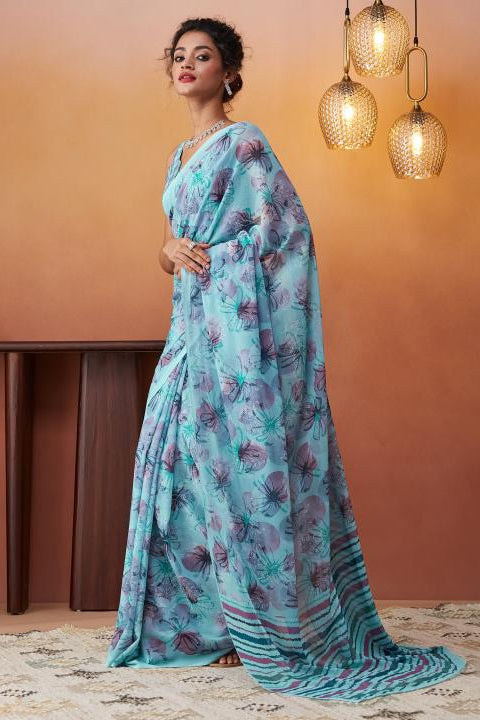Floral Digital Printed Blue Georgette Saree