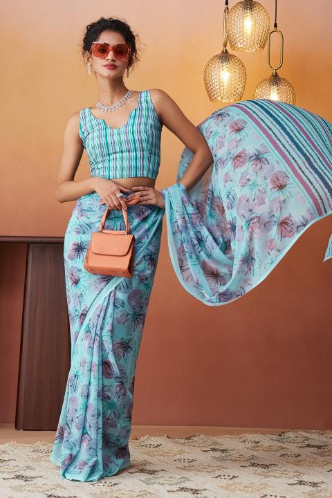 Floral Digital Printed Blue Georgette Saree
