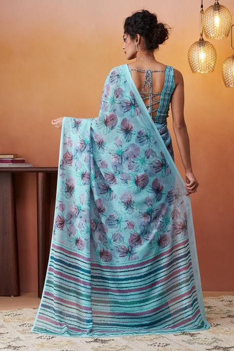 Floral Digital Printed Blue Georgette Saree