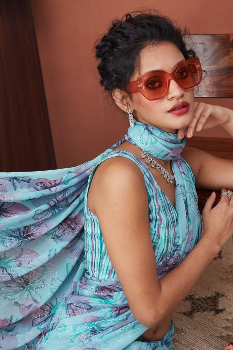 Floral Digital Printed Blue Georgette Saree