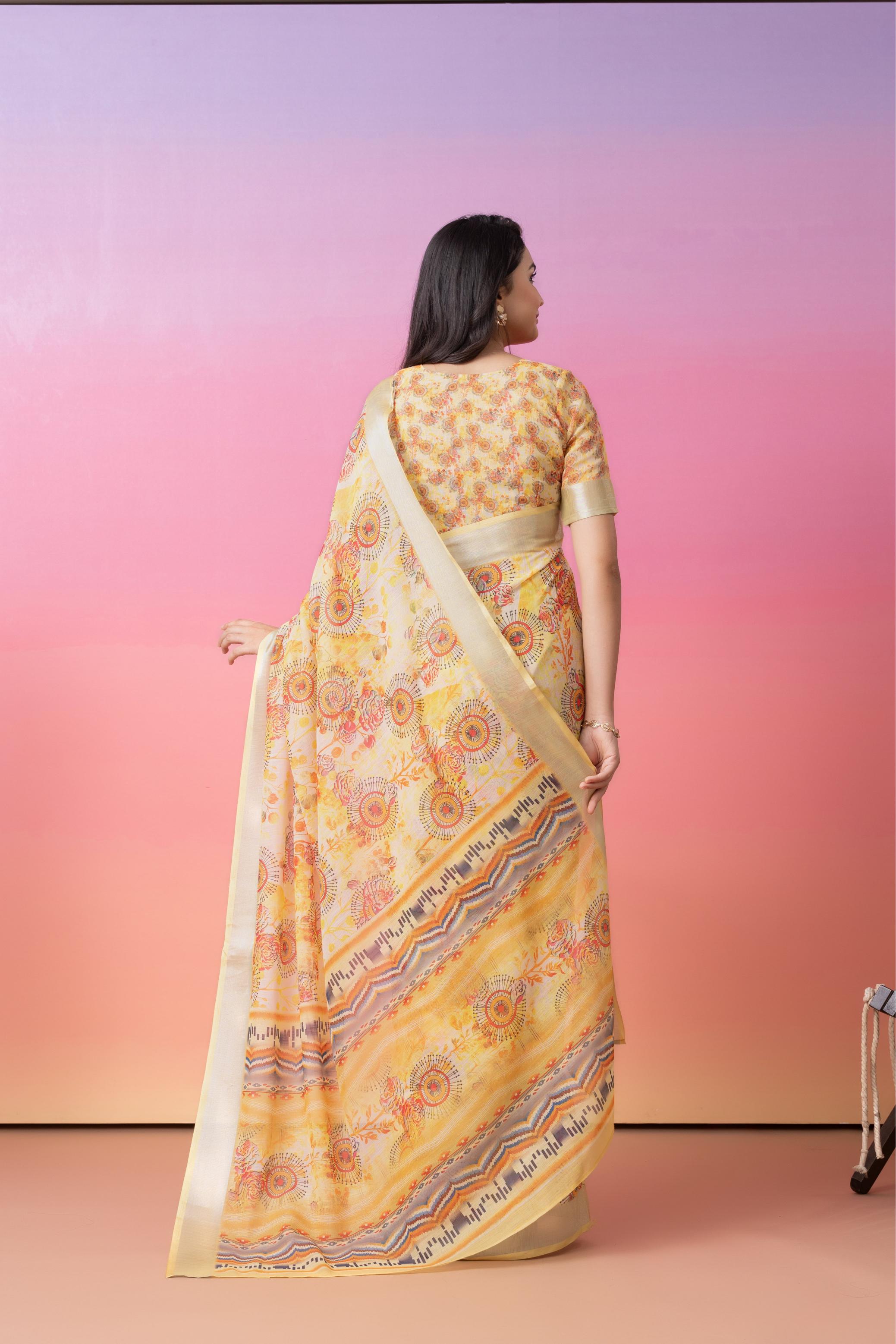 Ajrakh Floral Printed Linen Cotton Saree