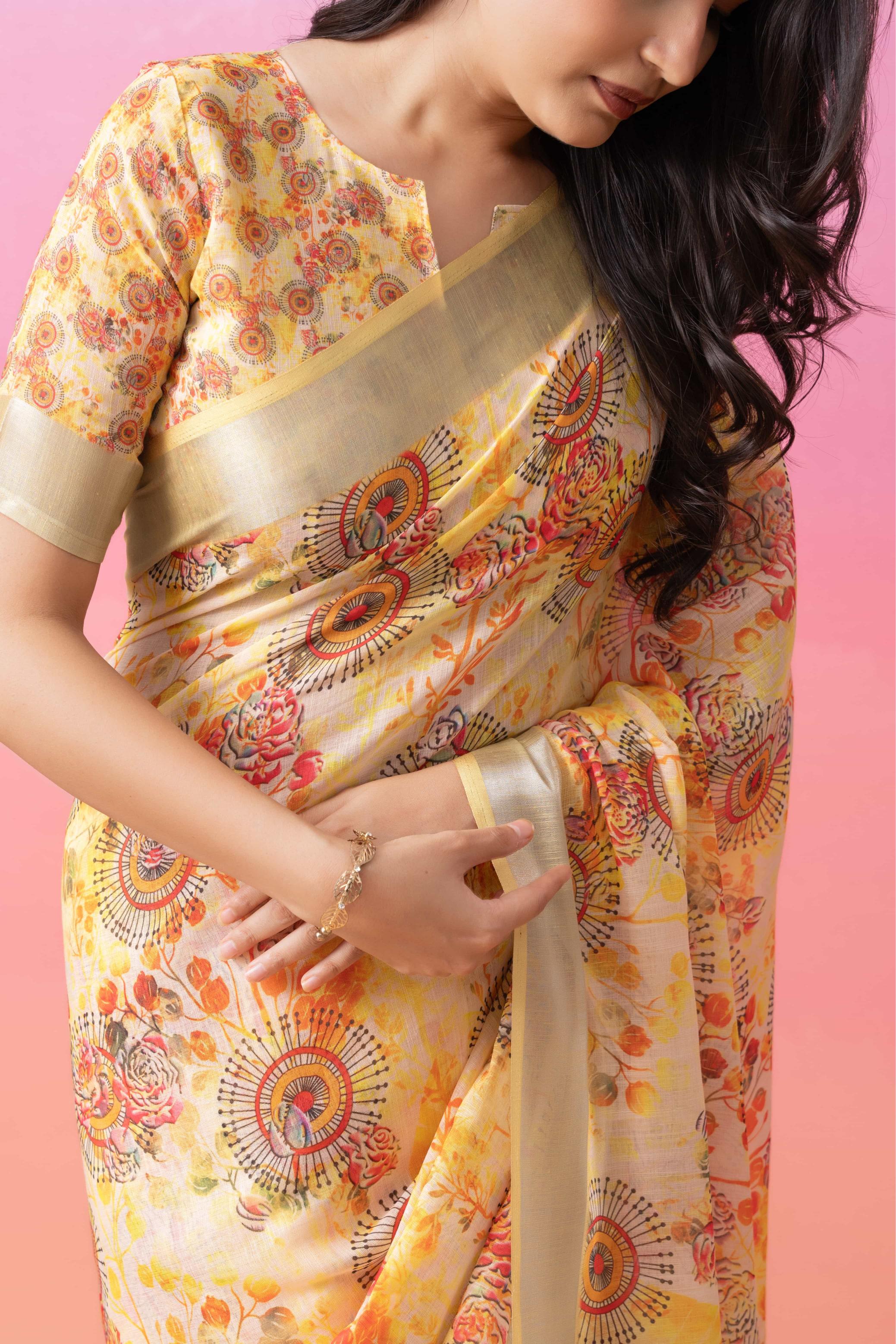 Ajrakh Floral Printed Linen Cotton Saree