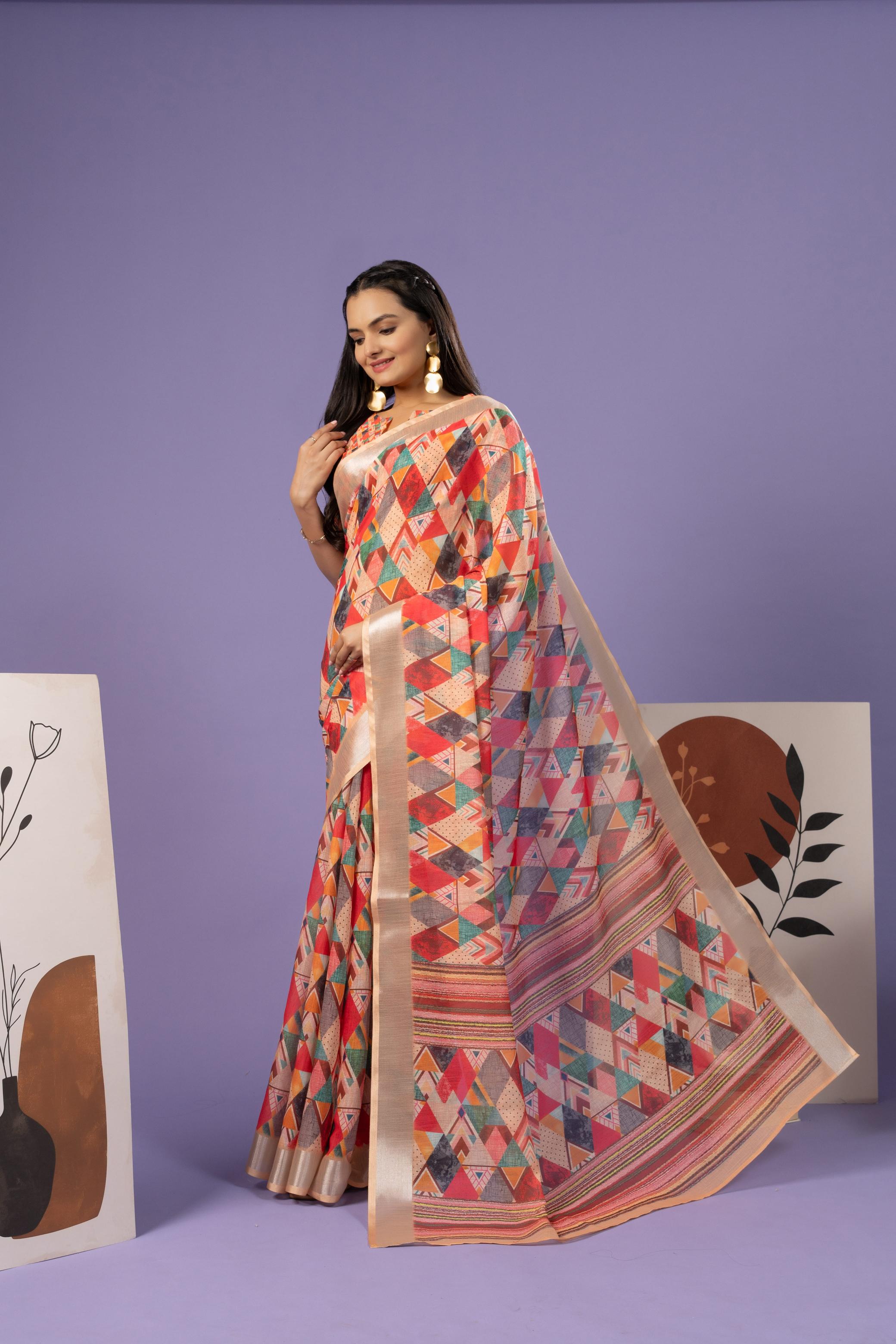 Fashionable Geometric Linen Cotton Blend ready to wear Saree