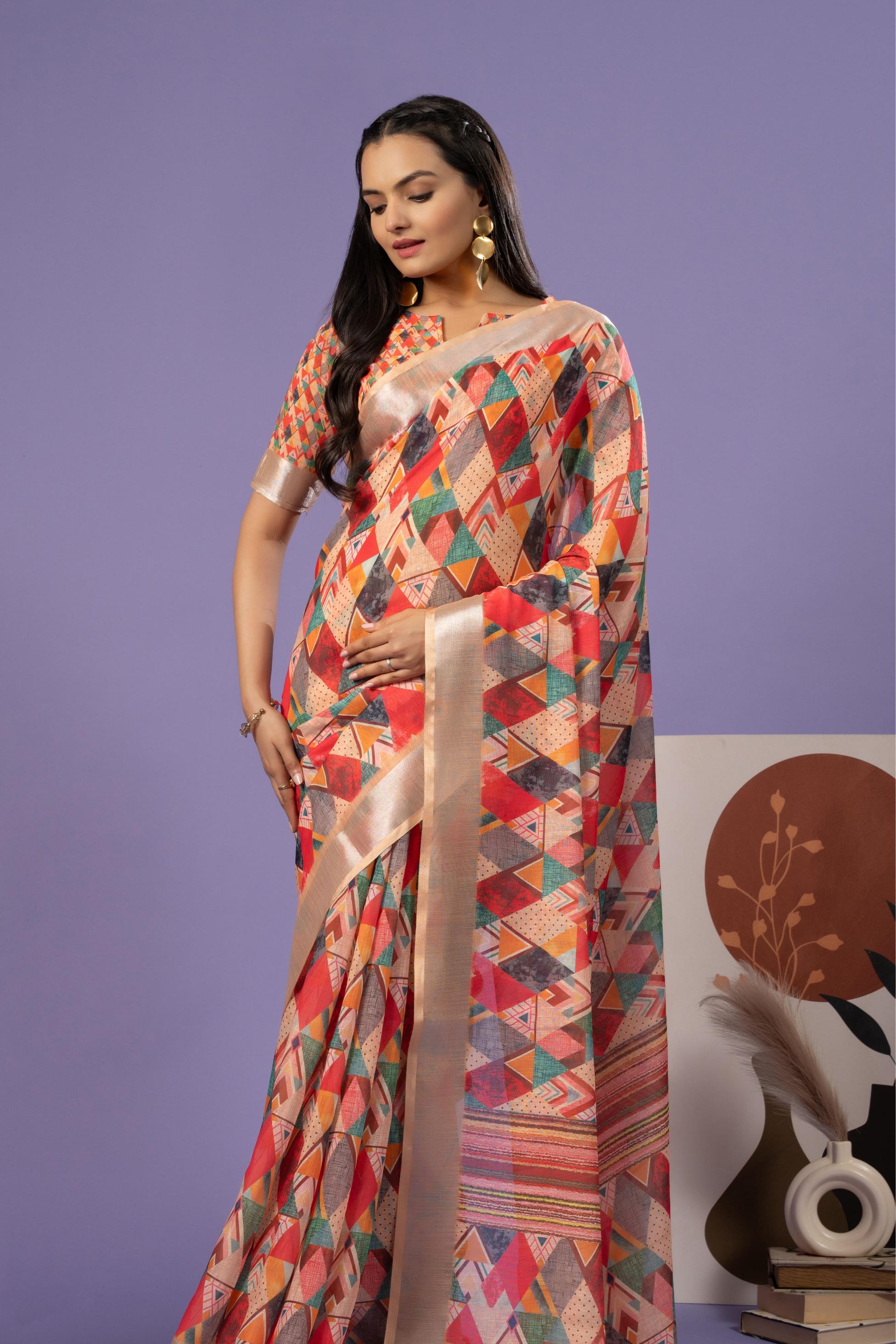 Fashionable Geometric Linen Cotton Blend ready to wear Saree