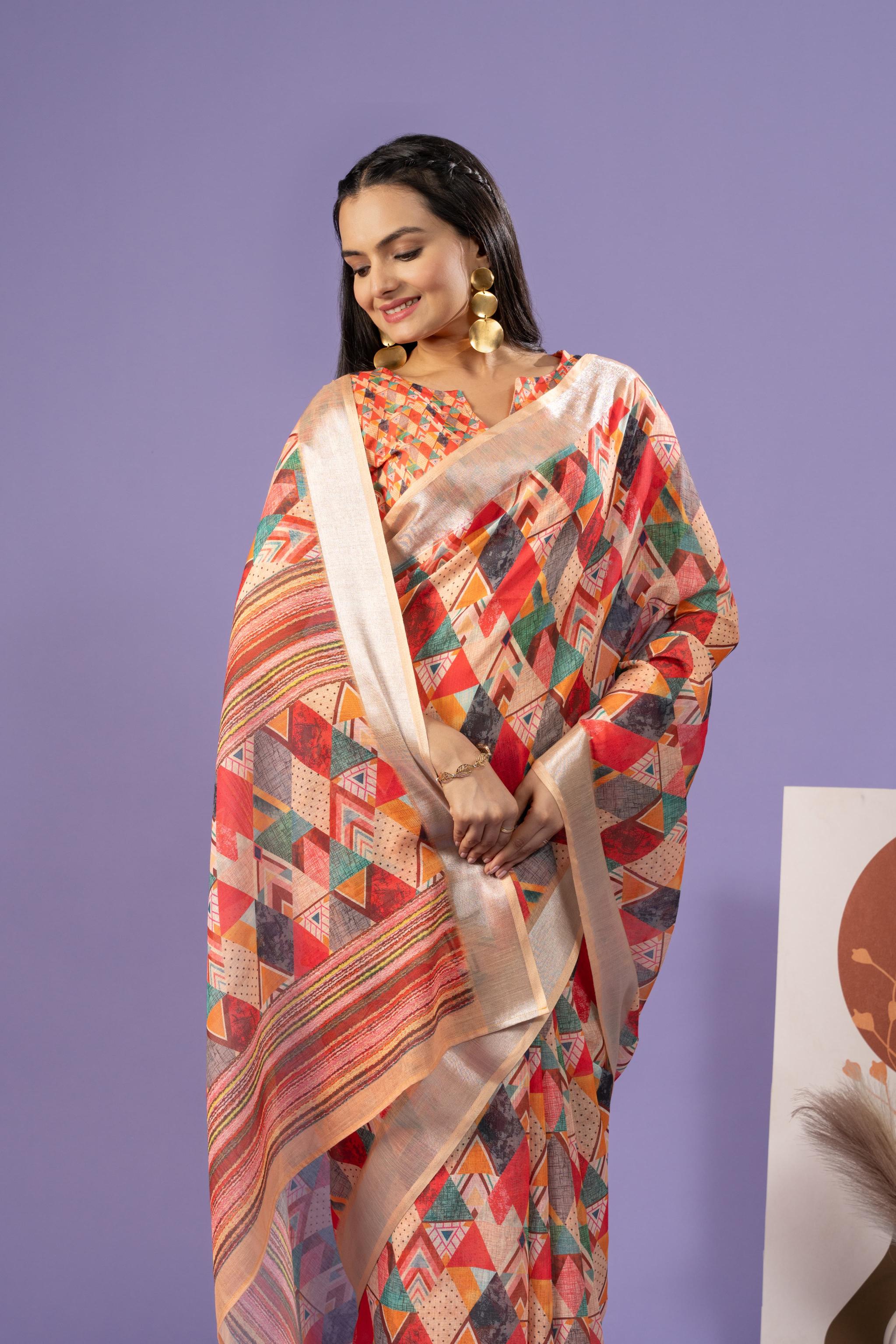 Fashionable Geometric Linen Cotton Blend Saree