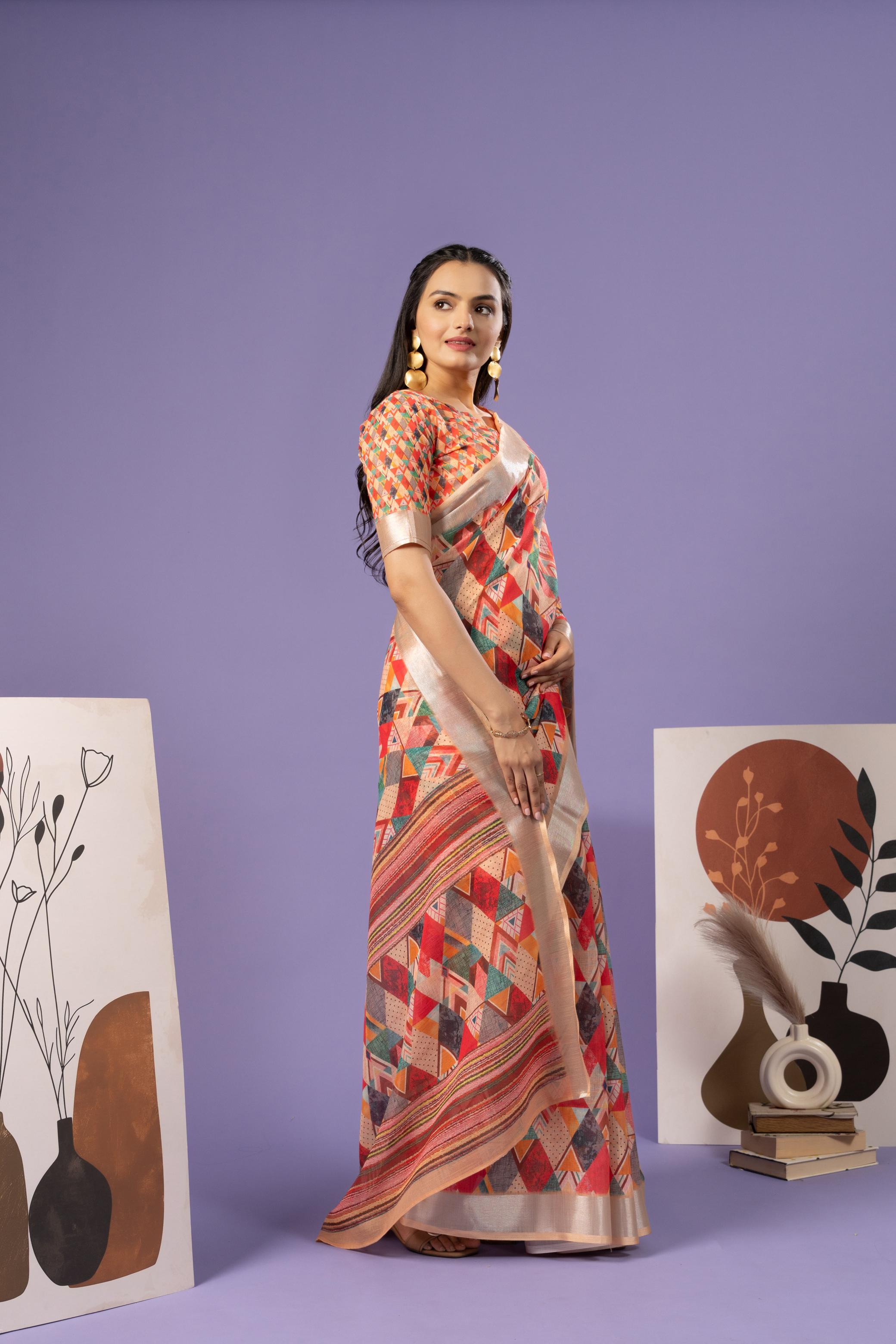 Fashionable Geometric Linen Cotton Blend Saree