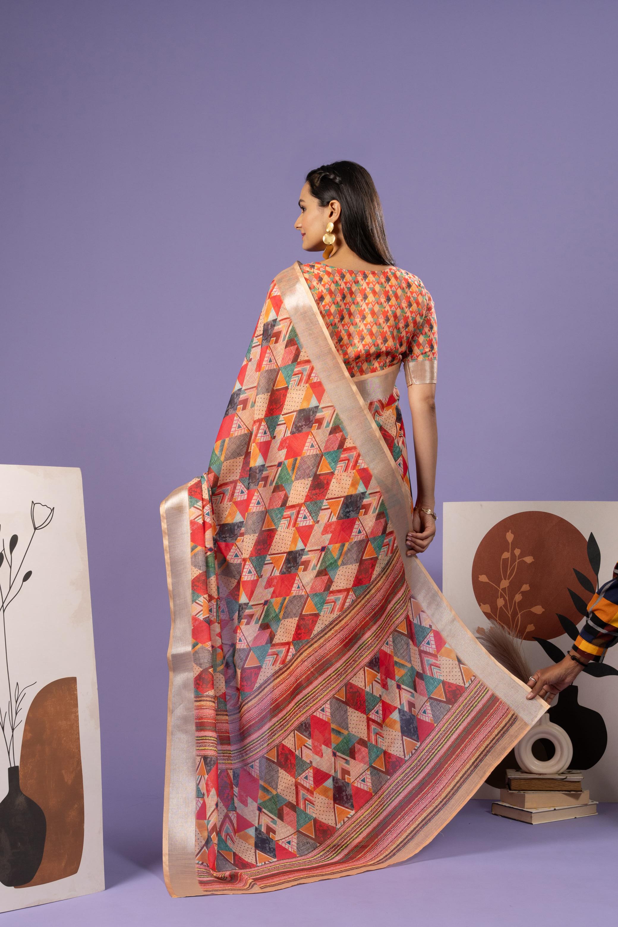 Fashionable Geometric Linen Cotton Blend Saree