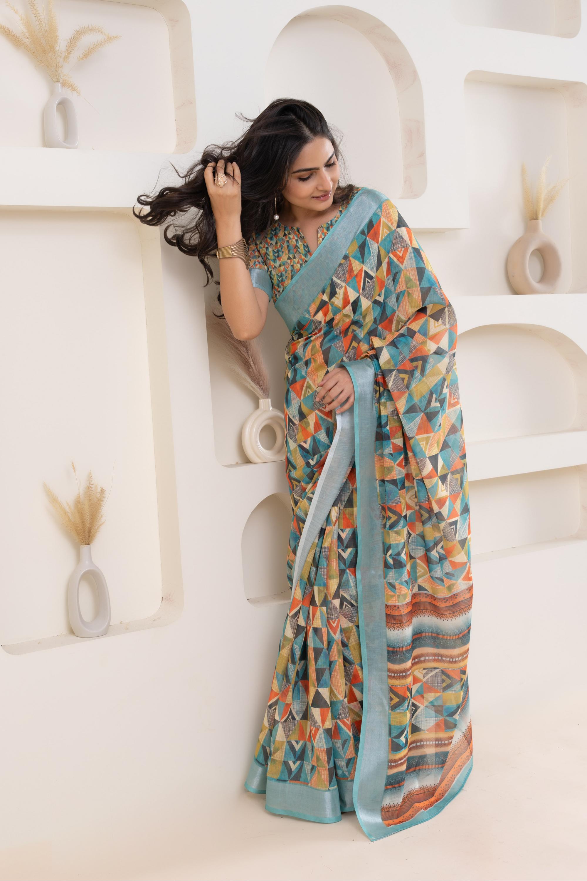 Fashionable Geometric Linen Cotton Blend Ready to wear Saree