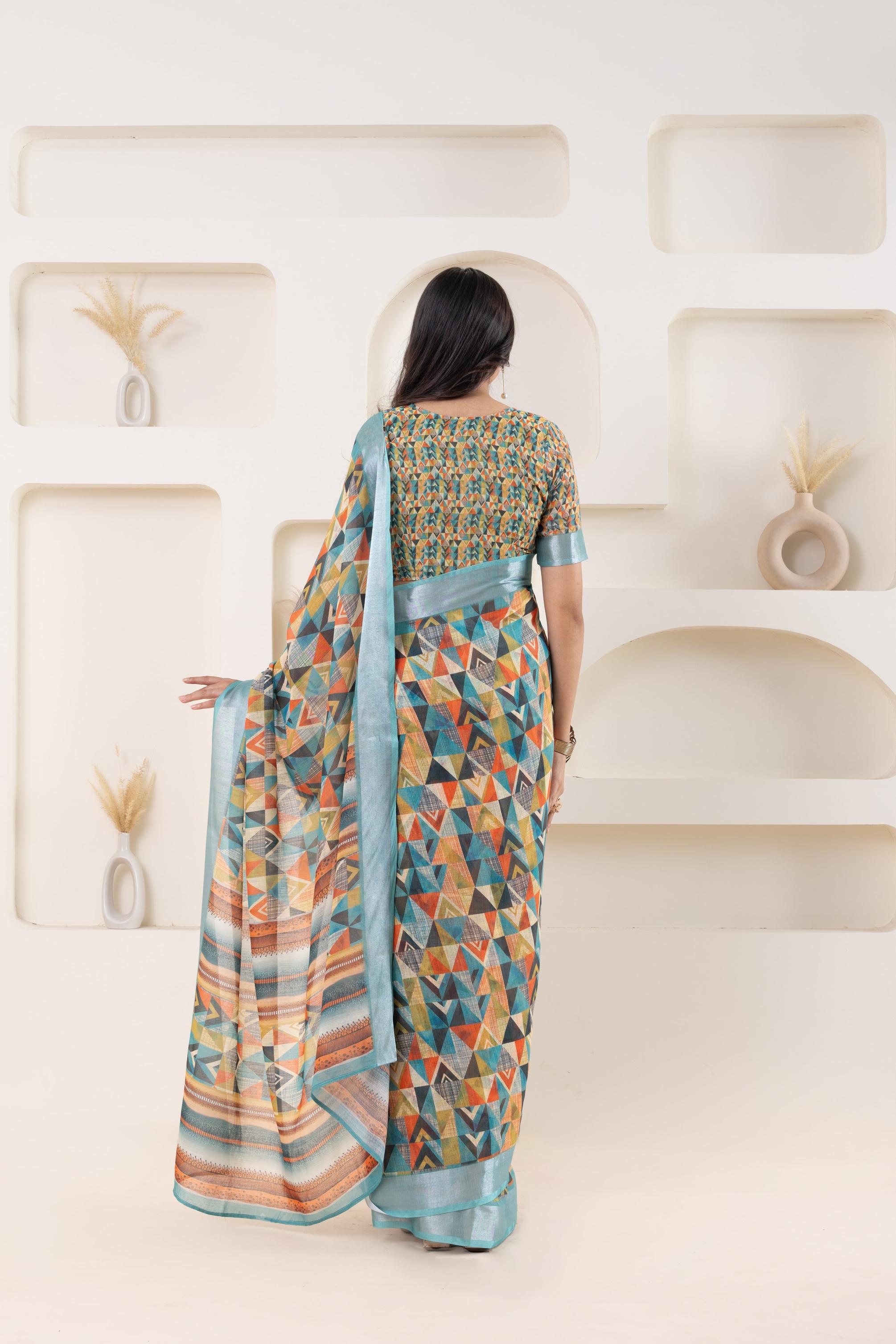 Fashionable Geometric Linen Cotton Blend Saree