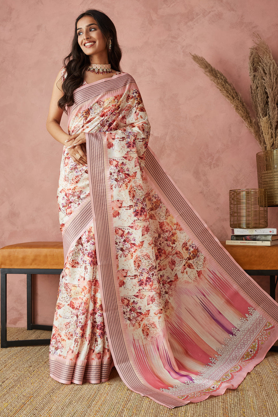 Pastel Floral Printed Manipuri Tussar Saree