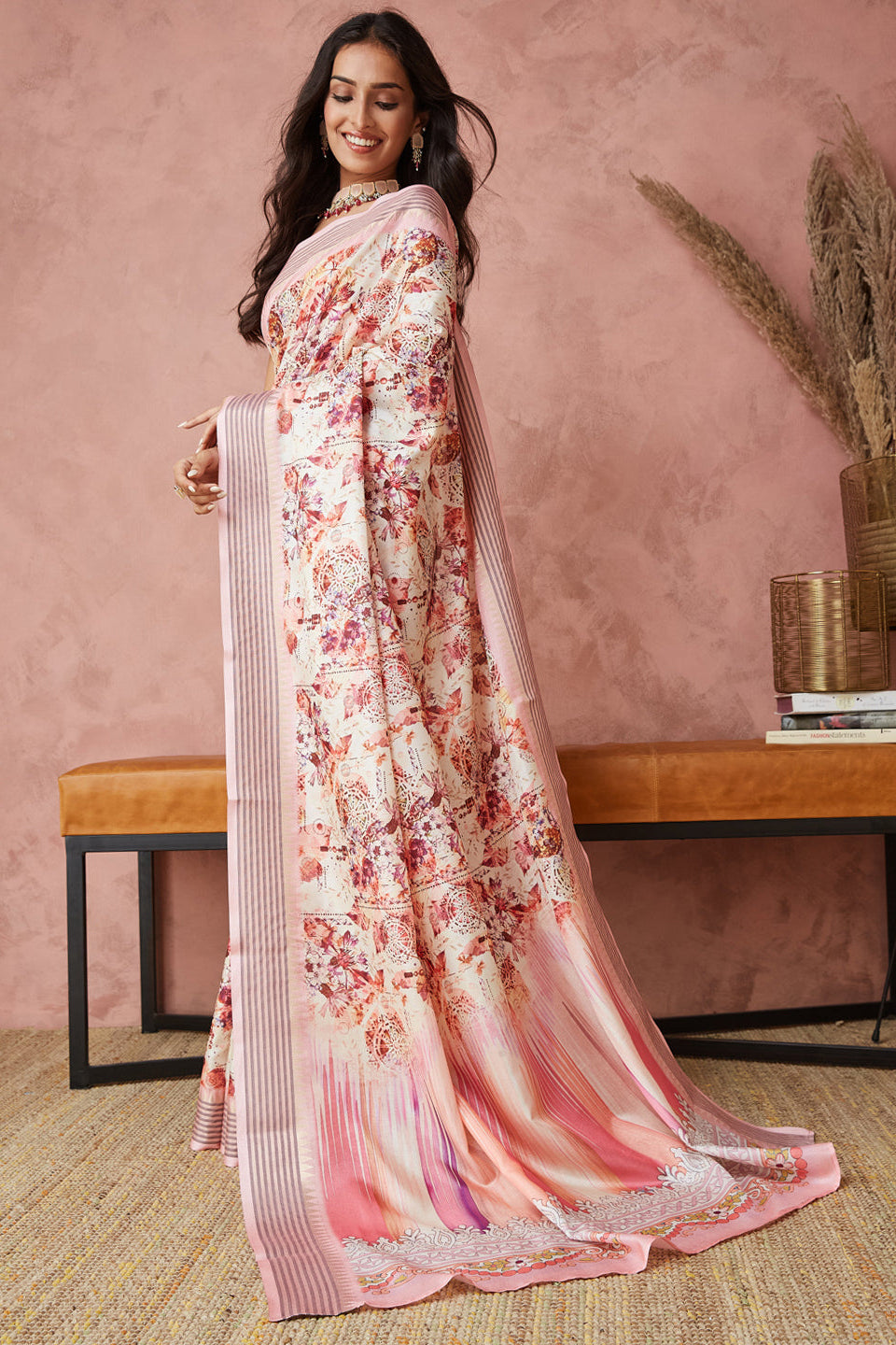 Pastel Floral Printed Manipuri Tussar Saree