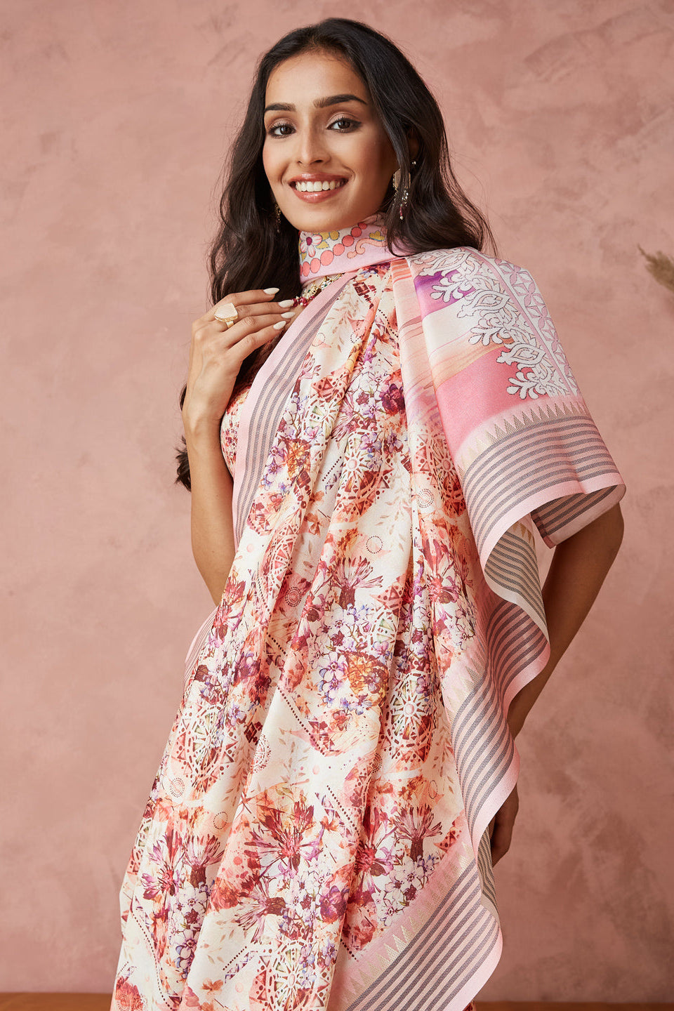 Pastel Floral Printed Manipuri Tussar Saree
