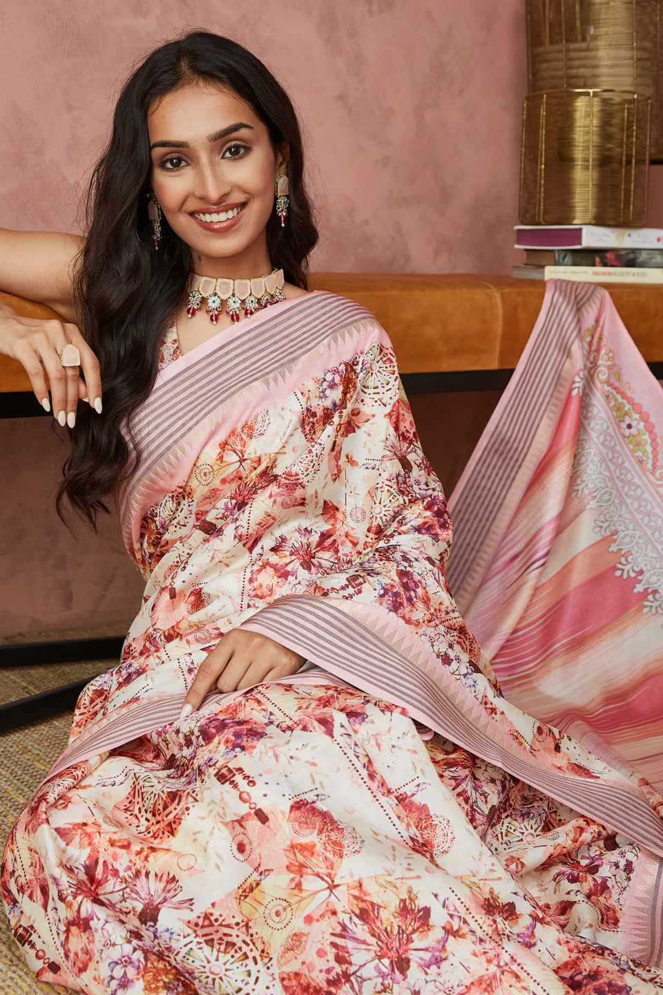 Pastel Floral Printed Manipuri Tussar Saree