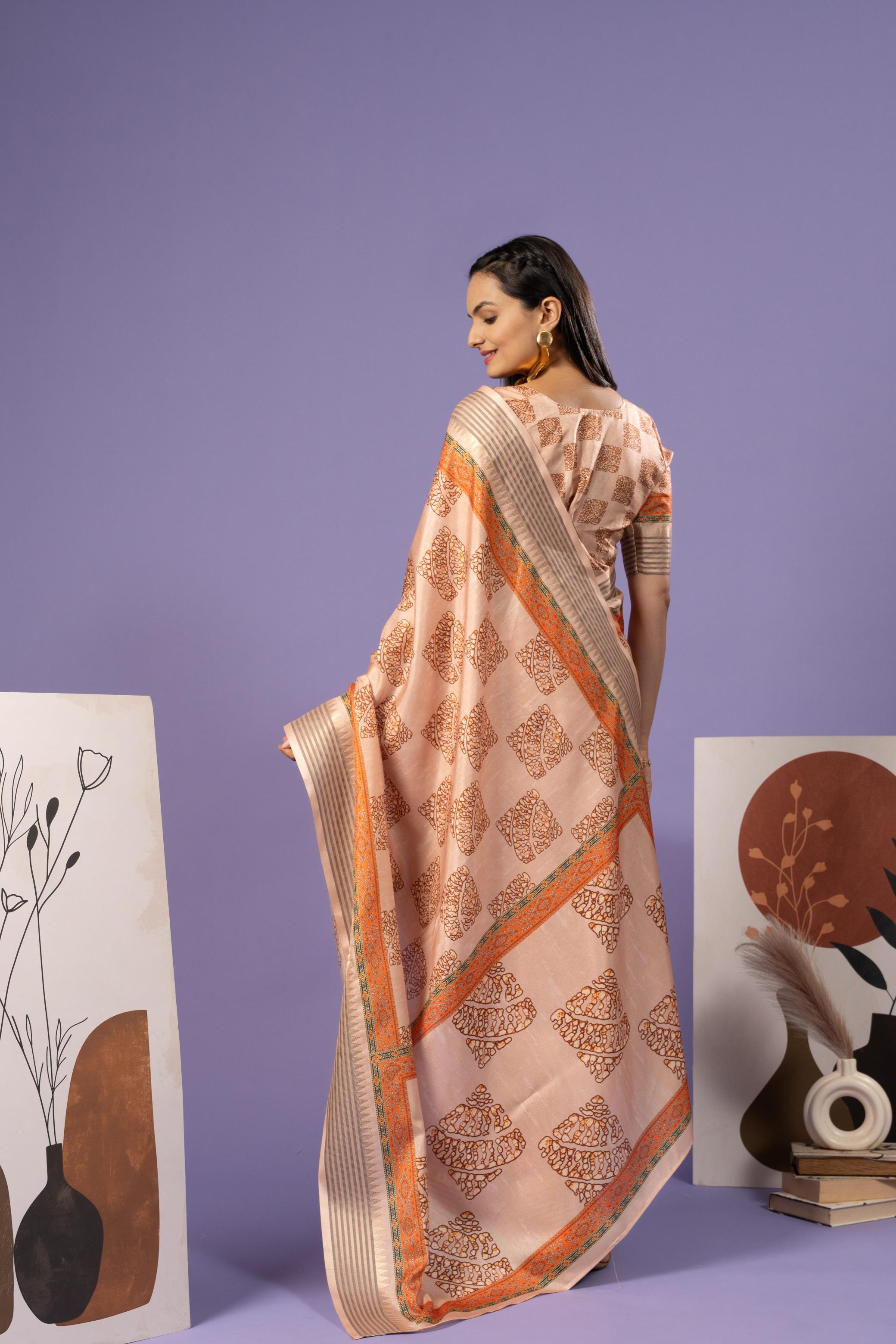 Trendy Block Printed Manipuri Tussar Saree