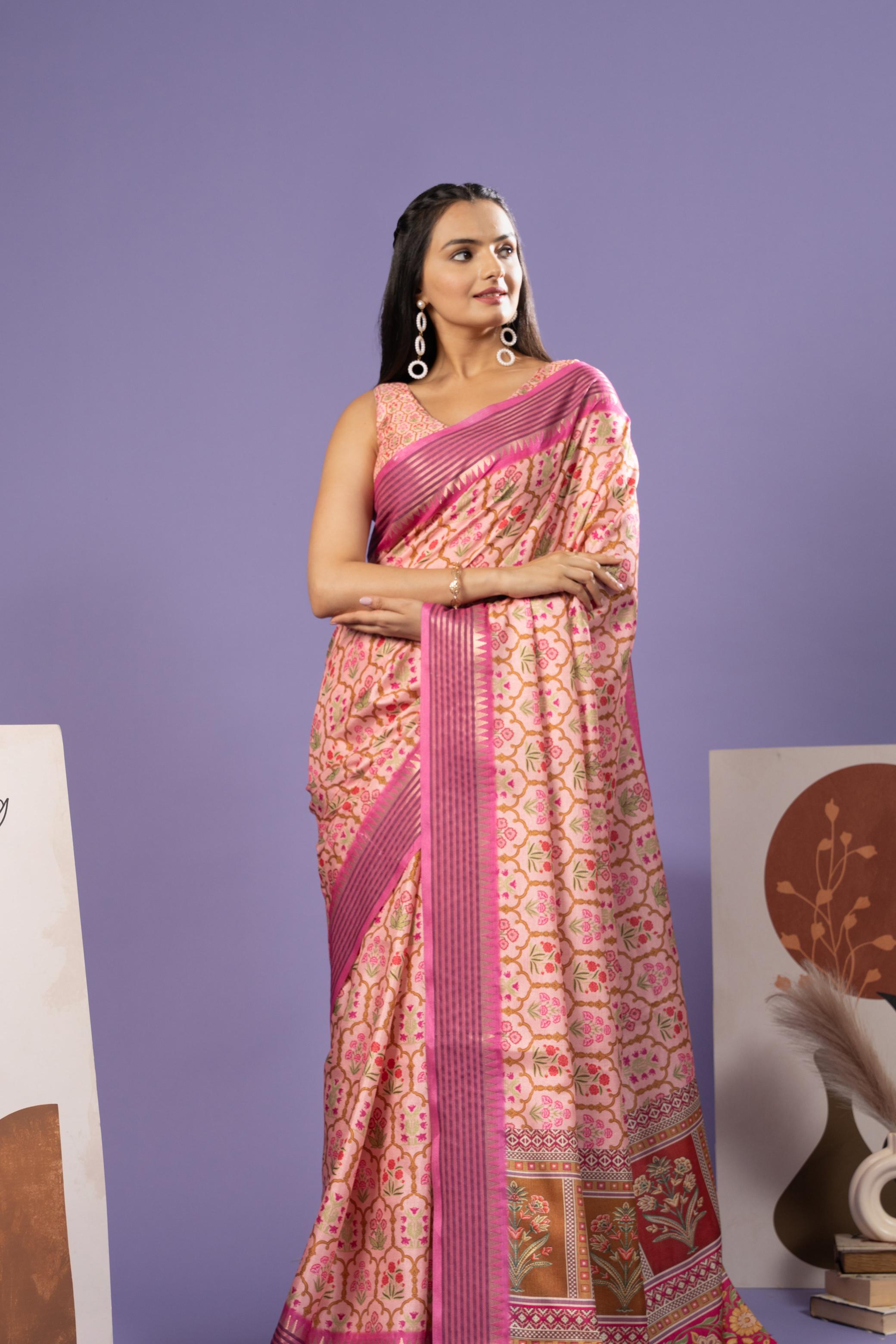 Tanchoi Printed Manipuri Tussar Saree With Tample Border