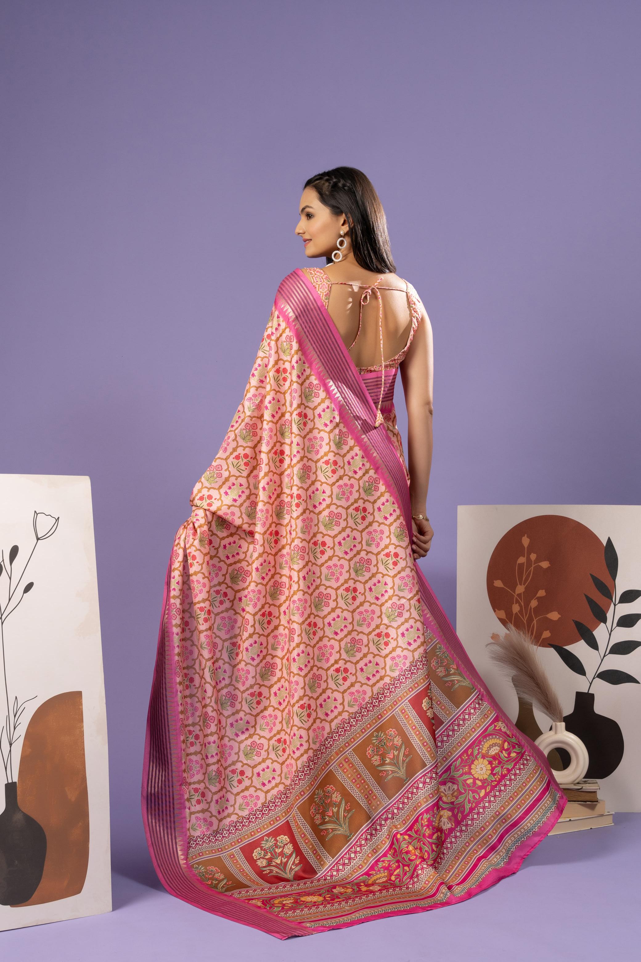 Tanchoi Printed Manipuri Tussar Saree With Tample Border