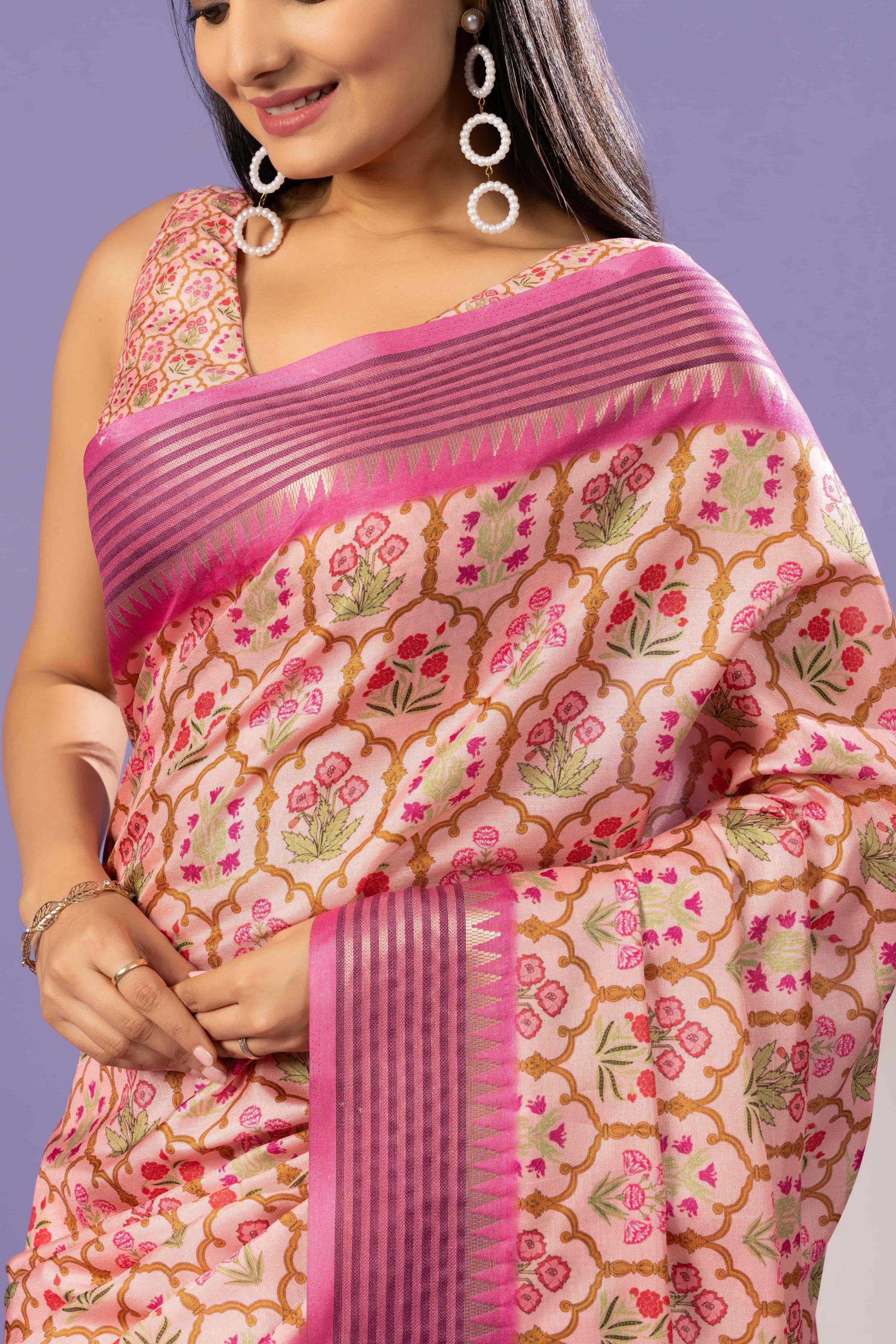 Tanchoi Printed Manipuri Tussar Saree With Tample Border