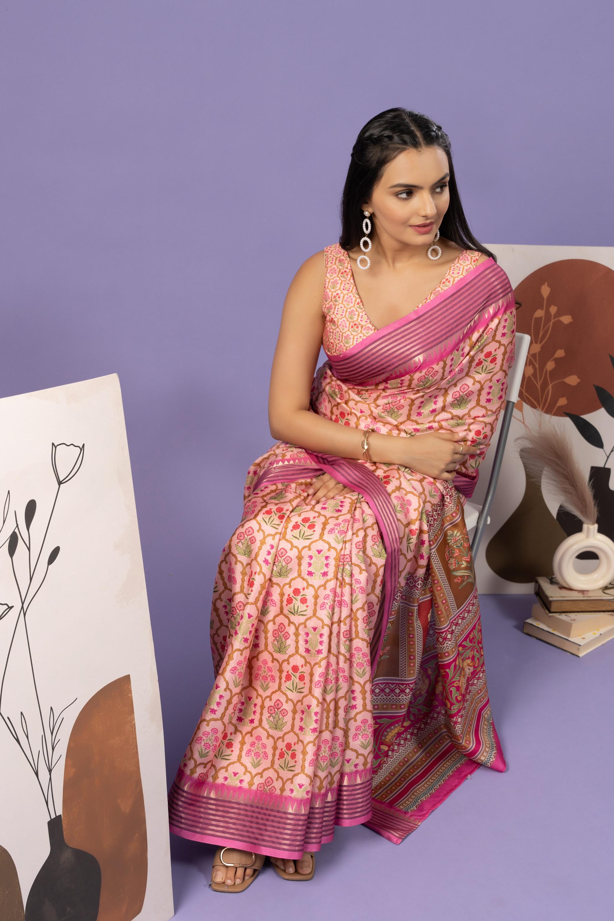 Tanchoi Printed Manipuri Tussar Saree With Tample Border