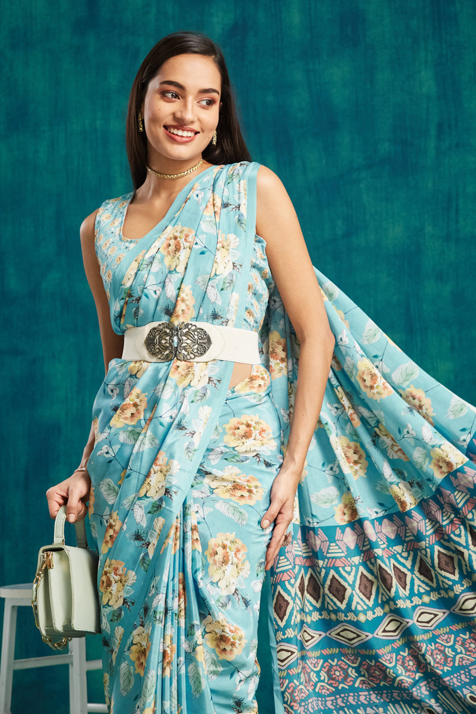 Digital Floral Printed Blue Silk Crepe Saree
