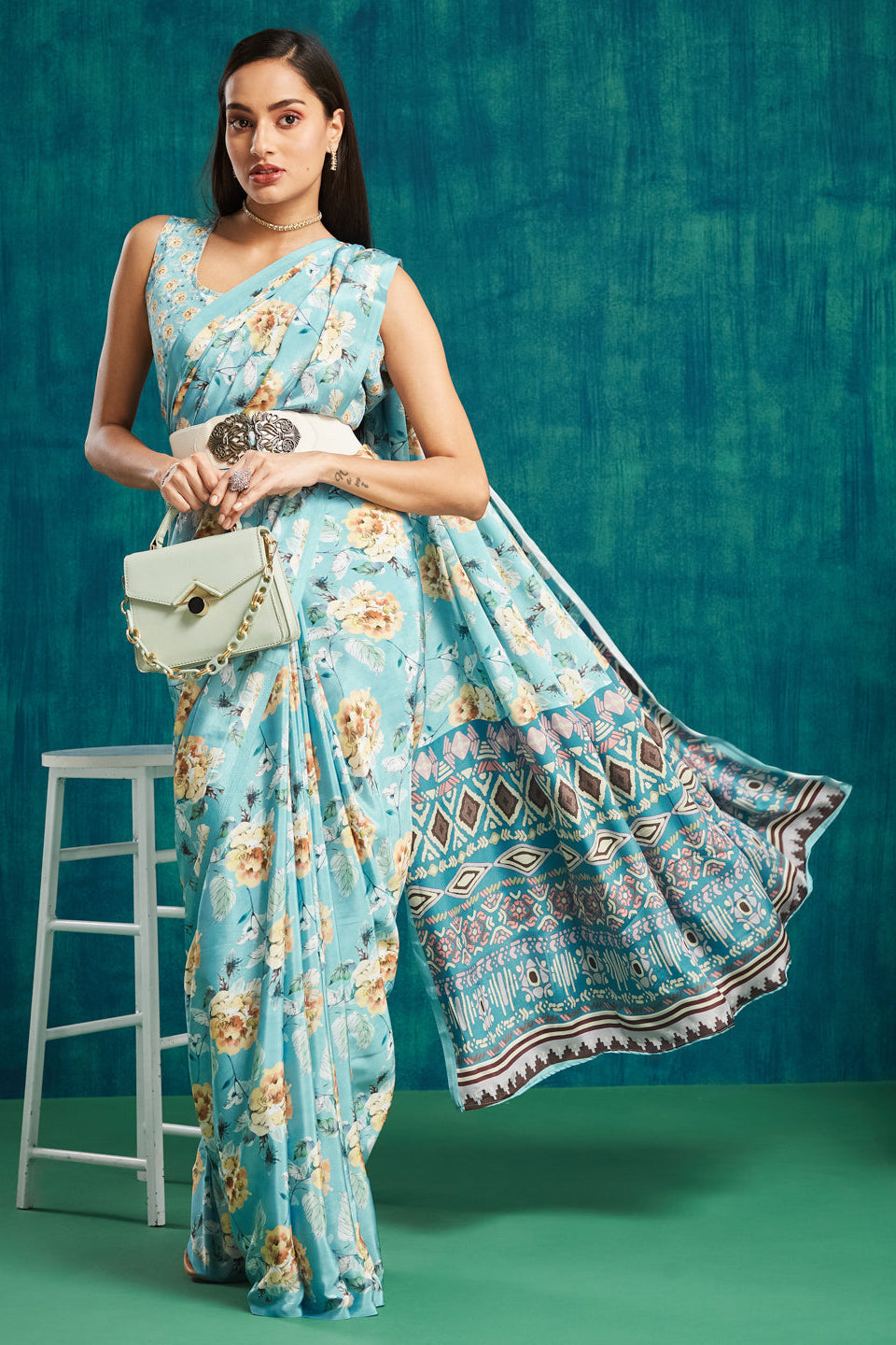 Digital Floral Printed Blue Silk Crepe Saree