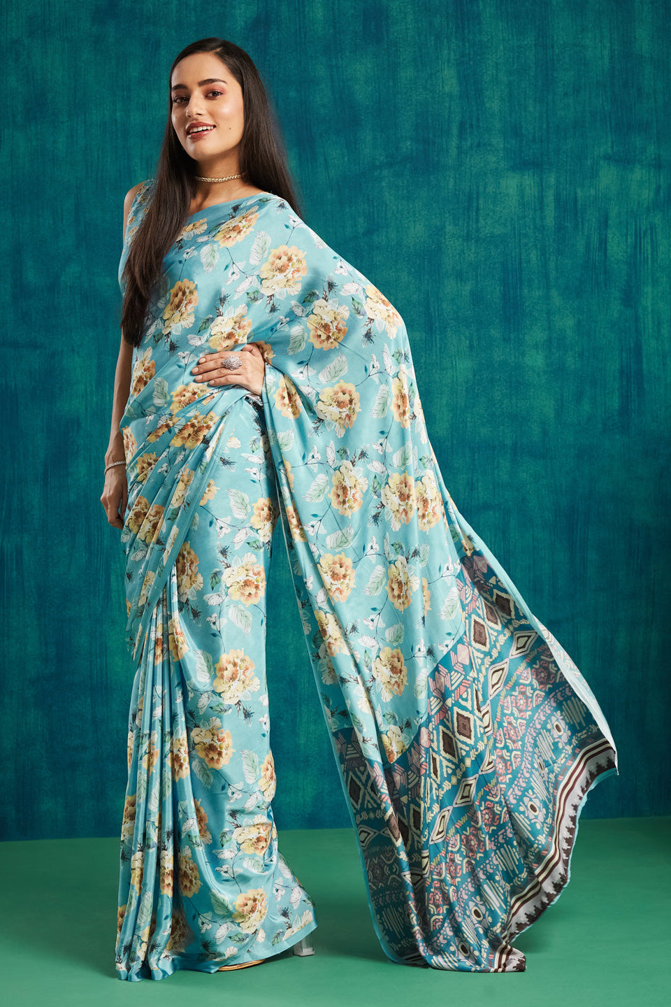 Digital Floral Printed Blue Silk Crepe Saree