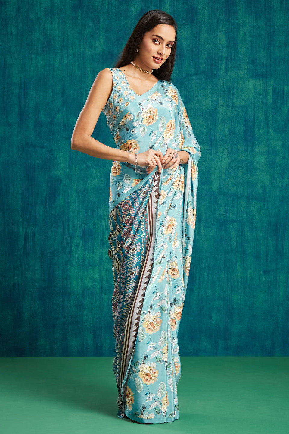 Digital Floral Printed Blue Silk Crepe Saree