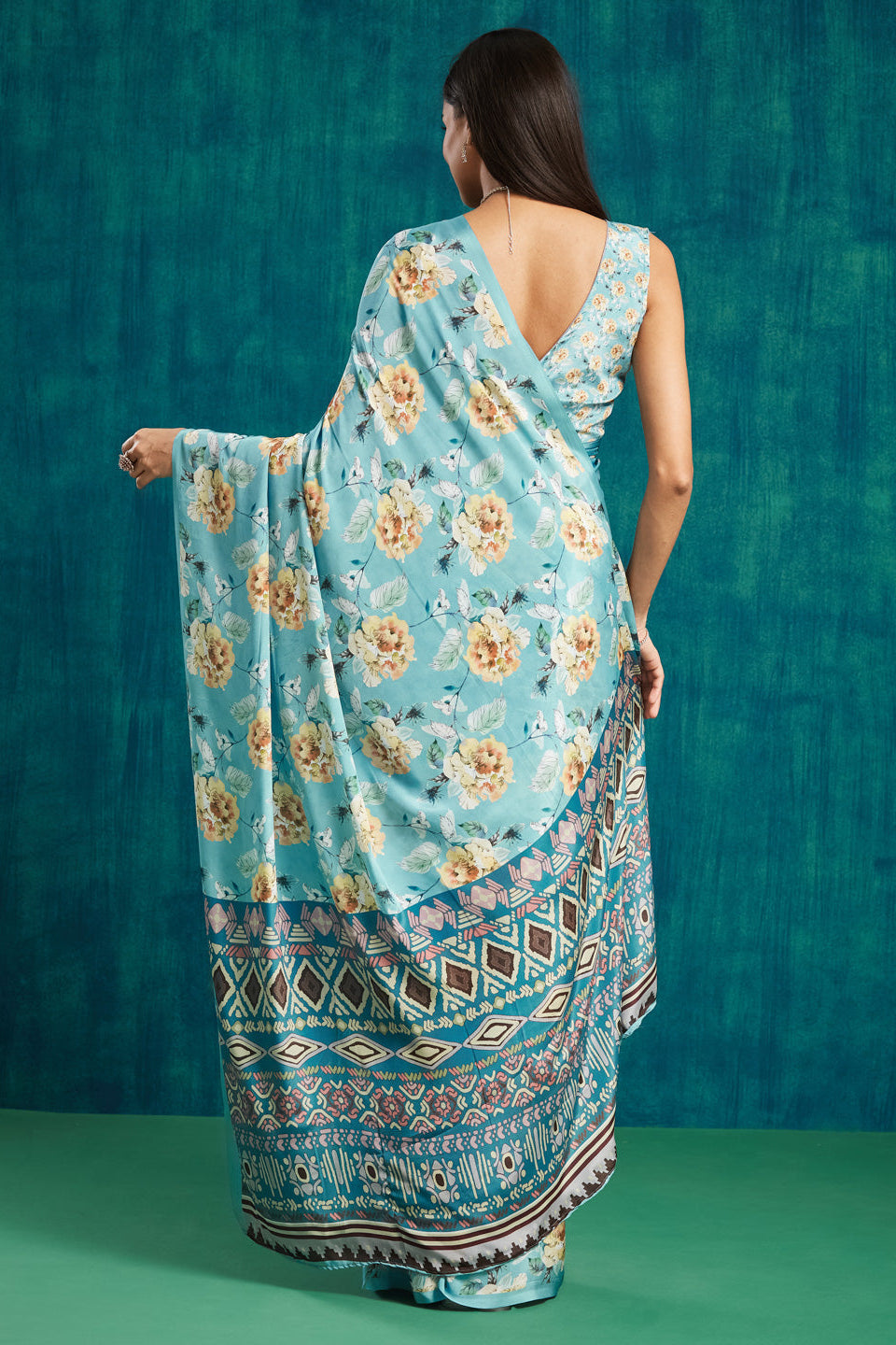 Digital Floral Printed Blue Silk Crepe Saree