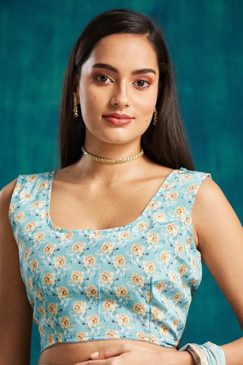 Digital Floral Printed Blue Silk Crepe Saree