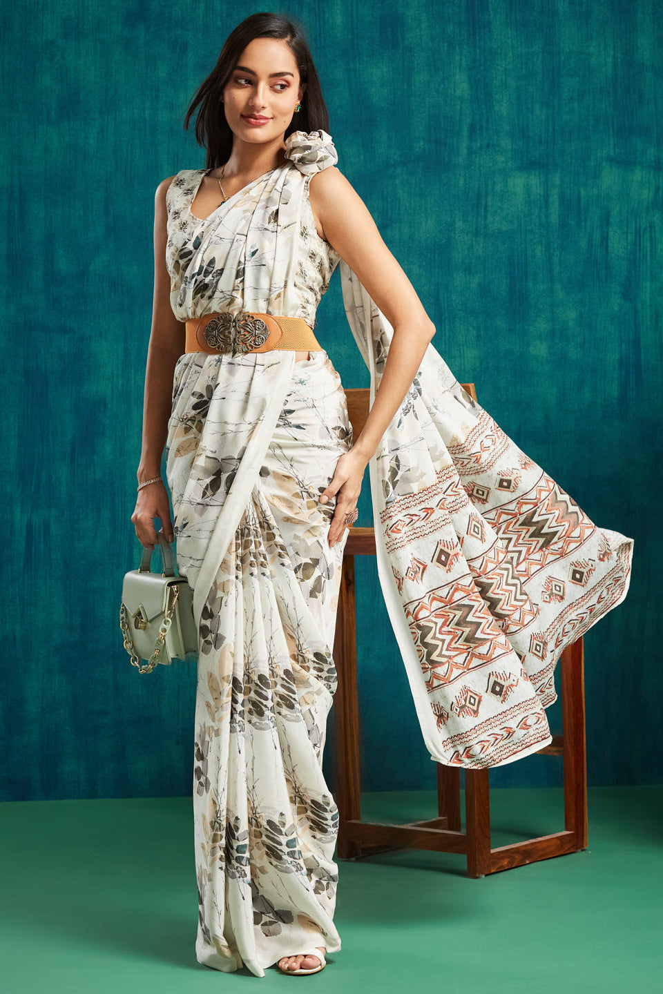 Digital Batik Printed Cream Silk Crepe Saree