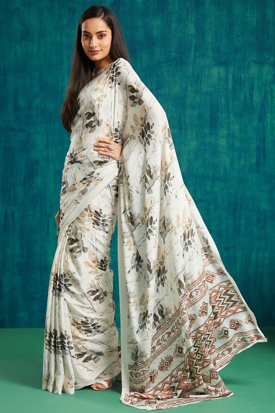 Digital Batik Printed Cream Silk Crepe Saree