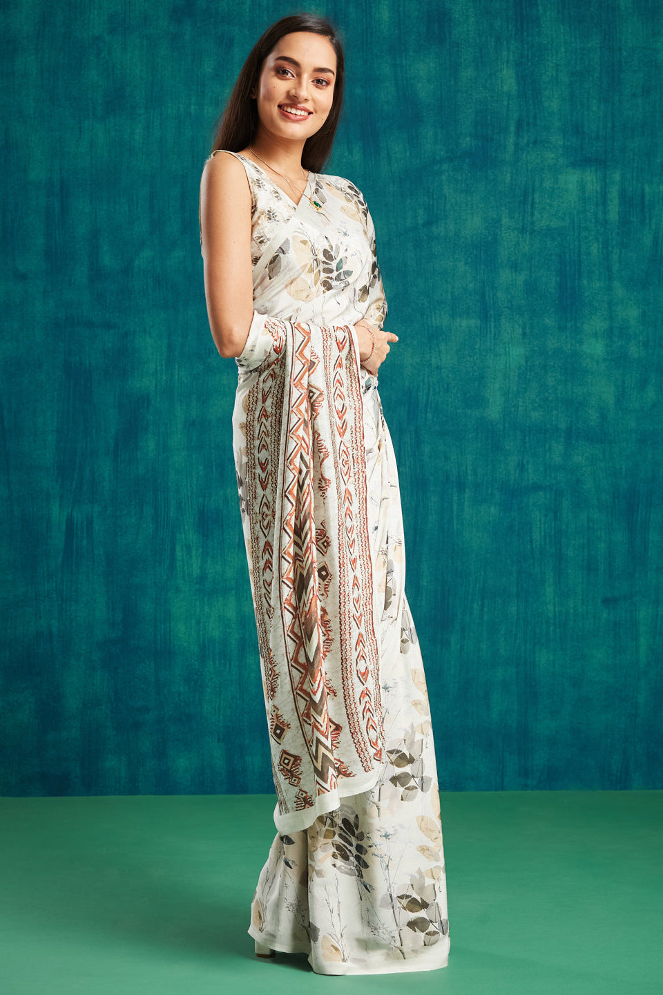 Digital Batik Printed Cream Silk Crepe Saree