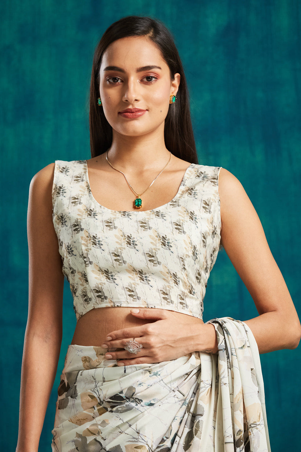 Digital Batik Printed Cream Silk Crepe Saree