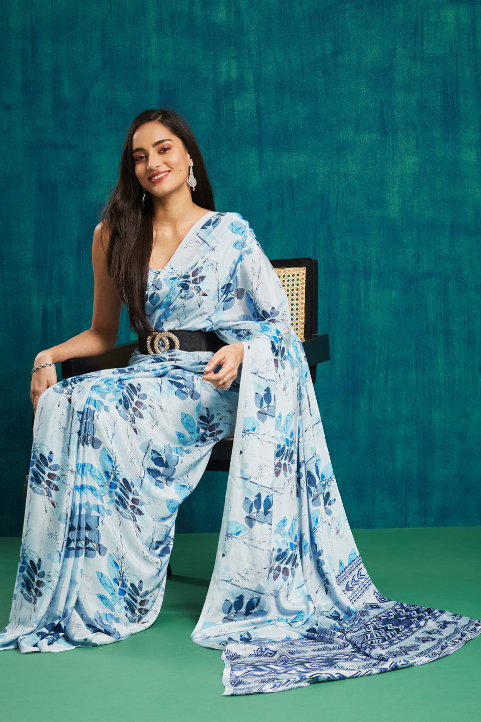 Digital Batik Printed Blue Silk Crepe Saree