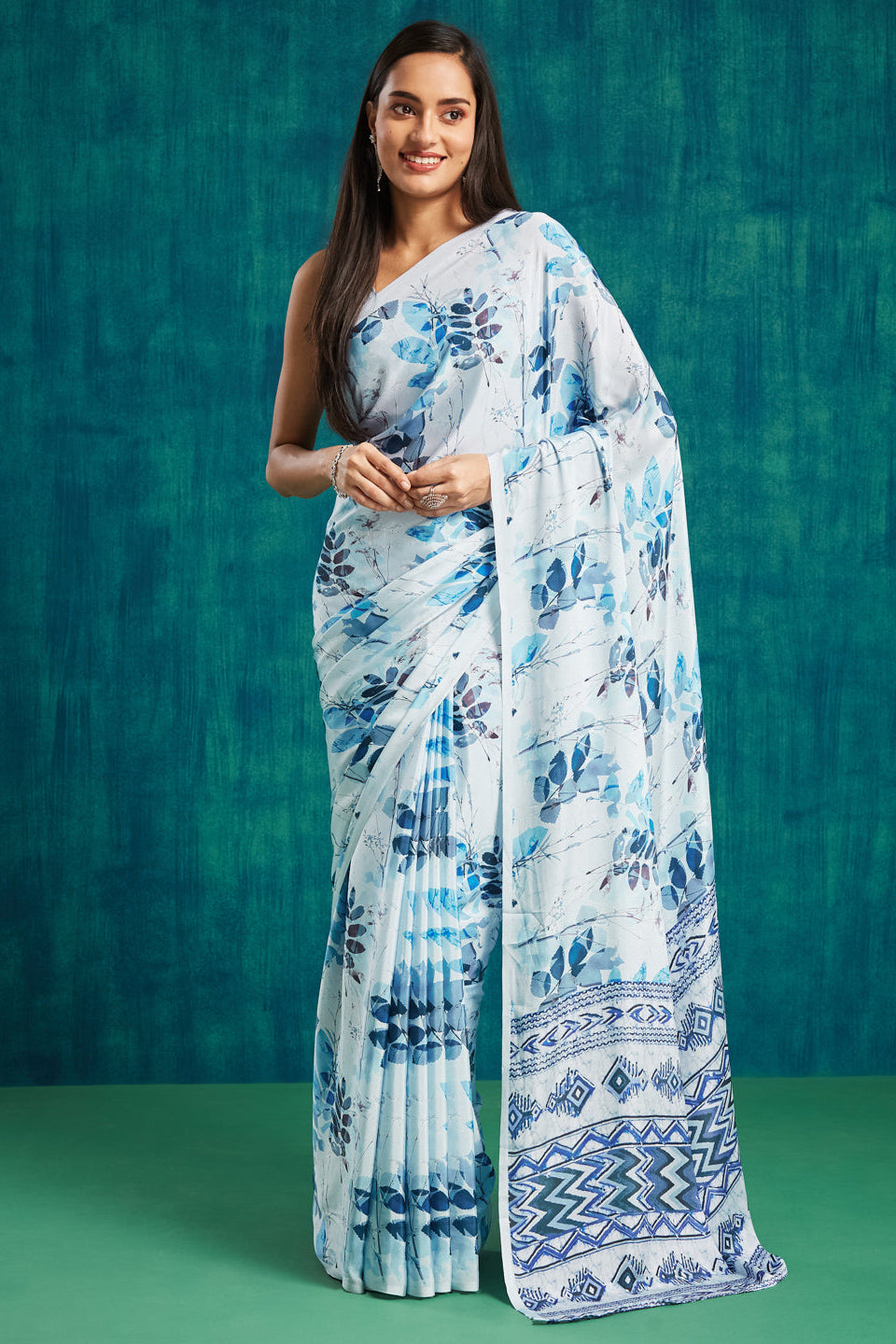 Digital Batik Printed Blue Silk Crepe Saree