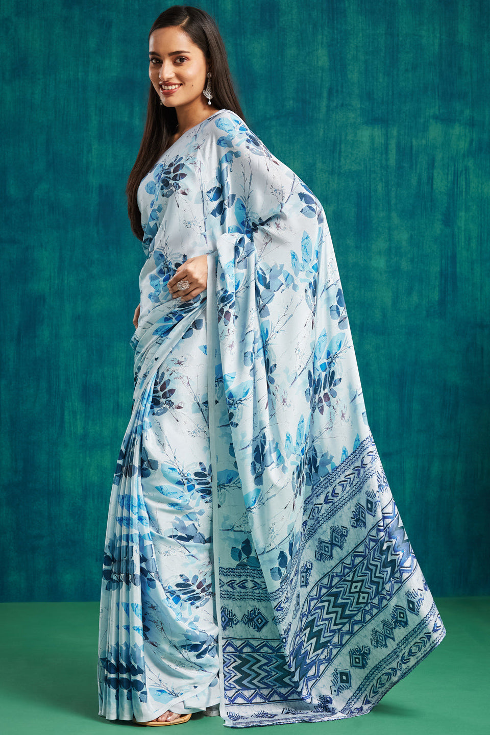Digital Batik Printed Blue Silk Crepe Saree
