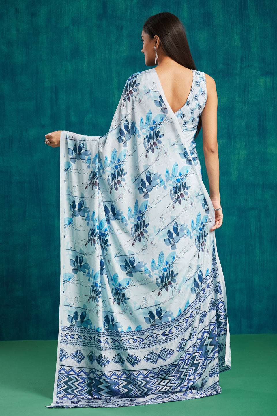 Digital Batik Printed Blue Silk Crepe Saree