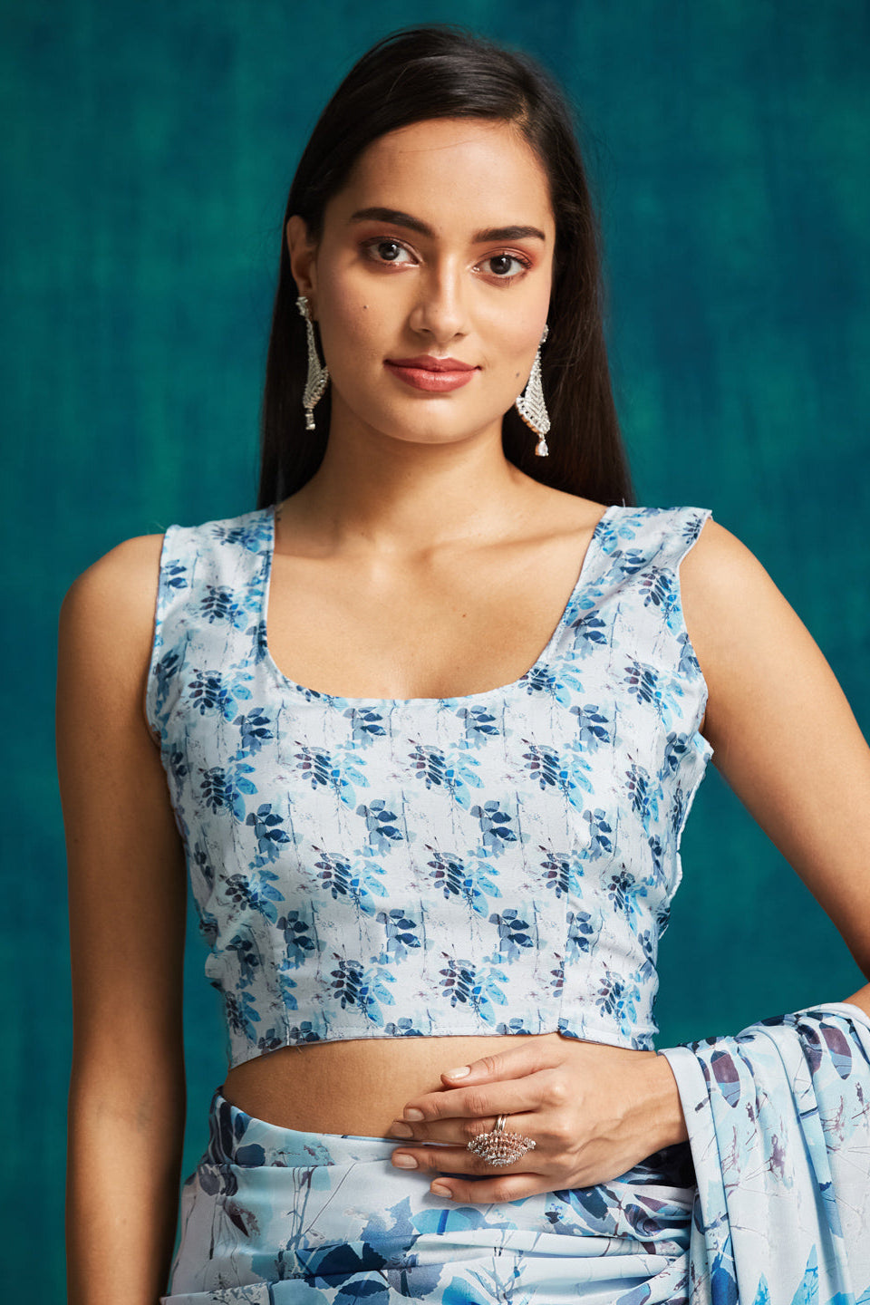 Digital Batik Printed Blue Silk Crepe Saree