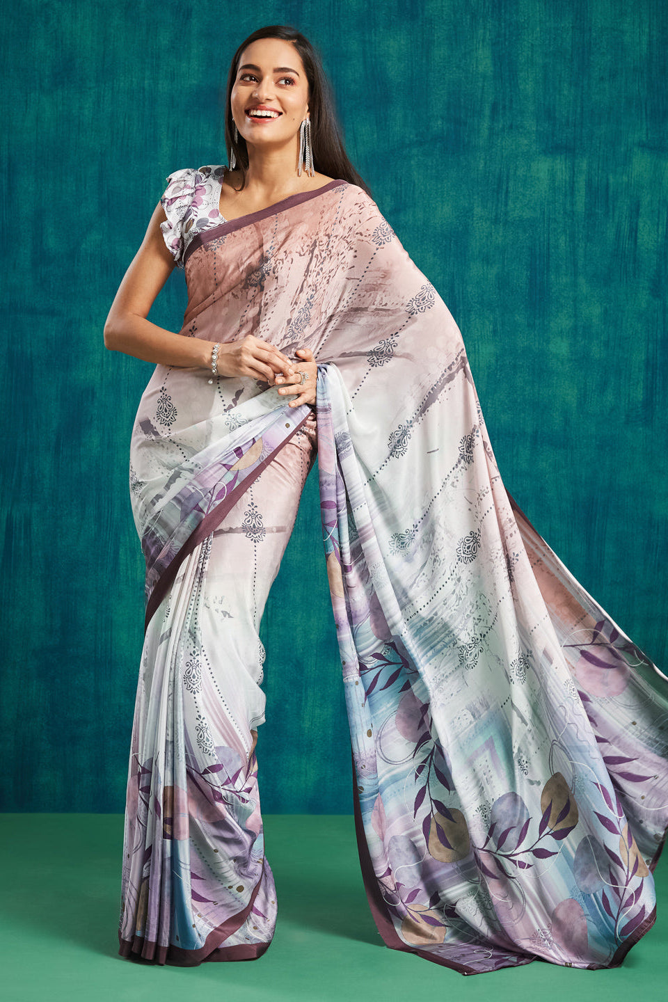 Digital Batik Printed Wine Silk Crepe Saree