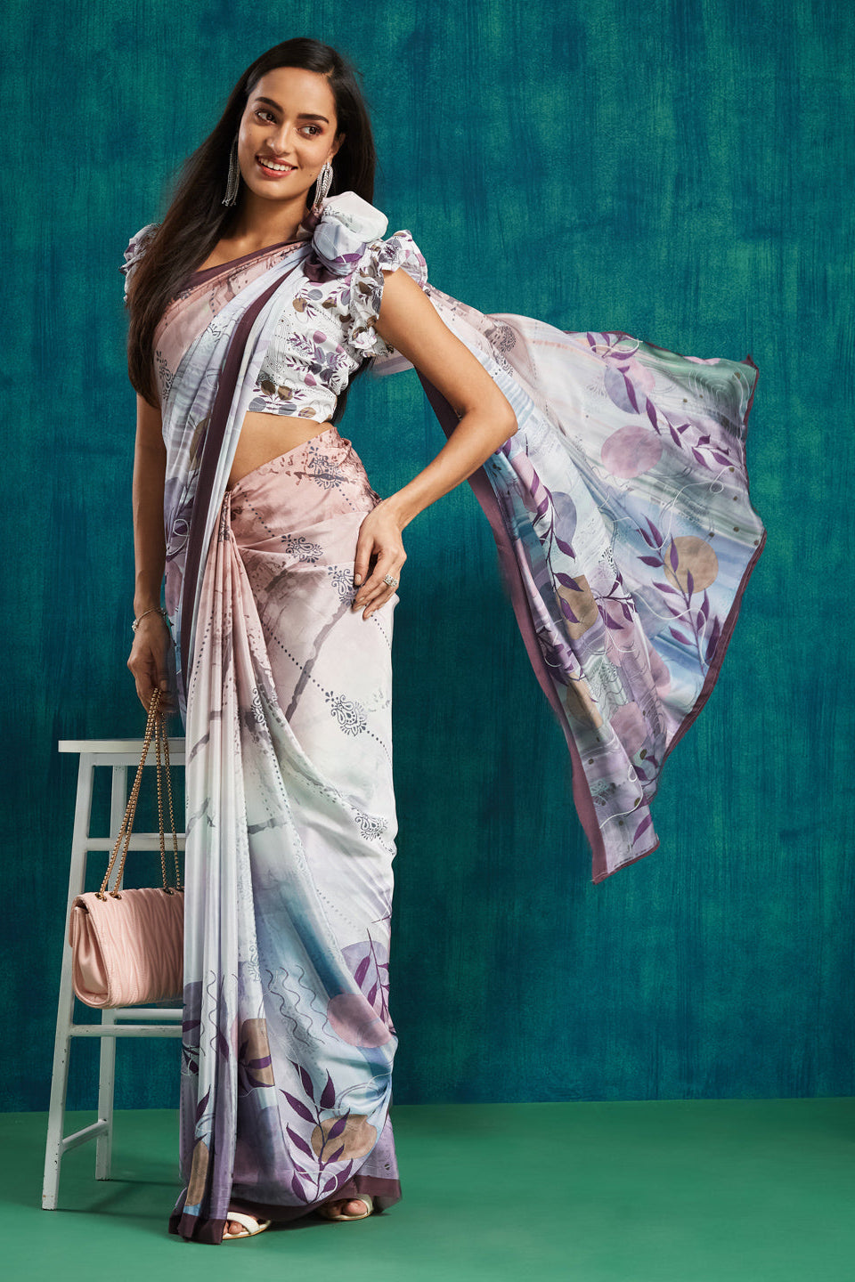 Digital Batik Printed Wine Silk Crepe Saree
