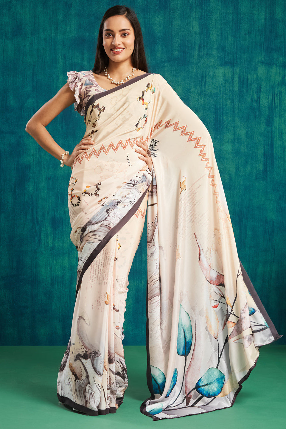 Digital Floral Printed Cream Silk Crepe Saree
