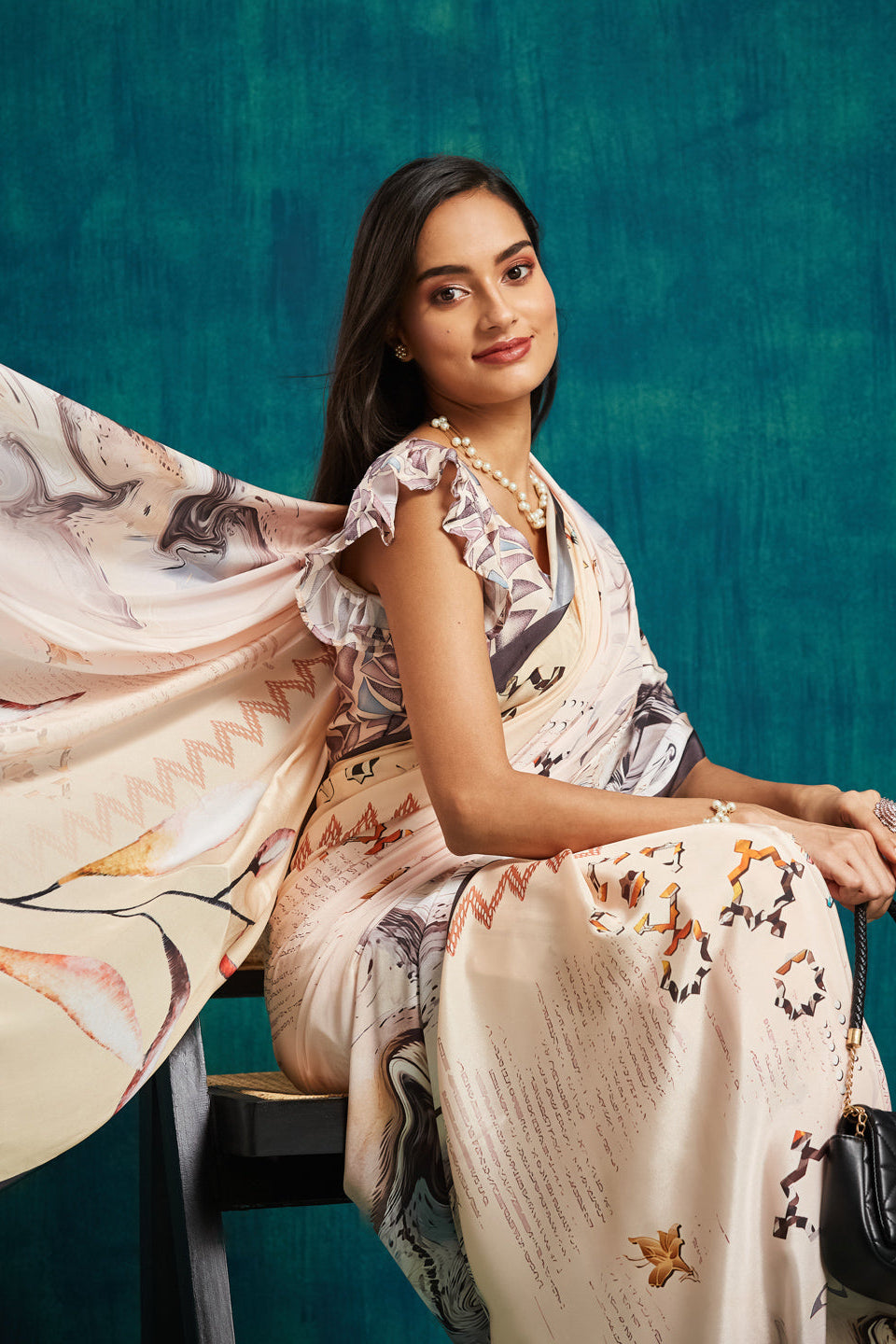 Digital Floral Printed Cream Silk Crepe Saree