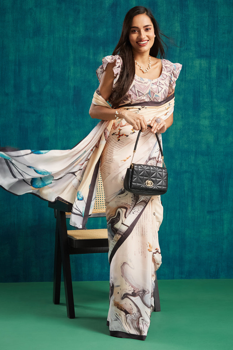 Digital Floral Printed Cream Silk Crepe Saree