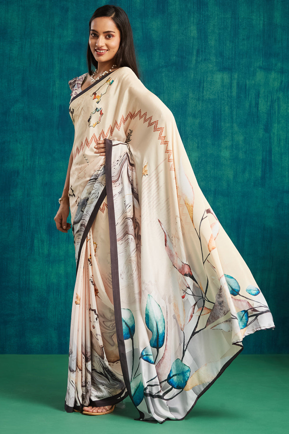 Digital Floral Printed Cream Silk Crepe Saree