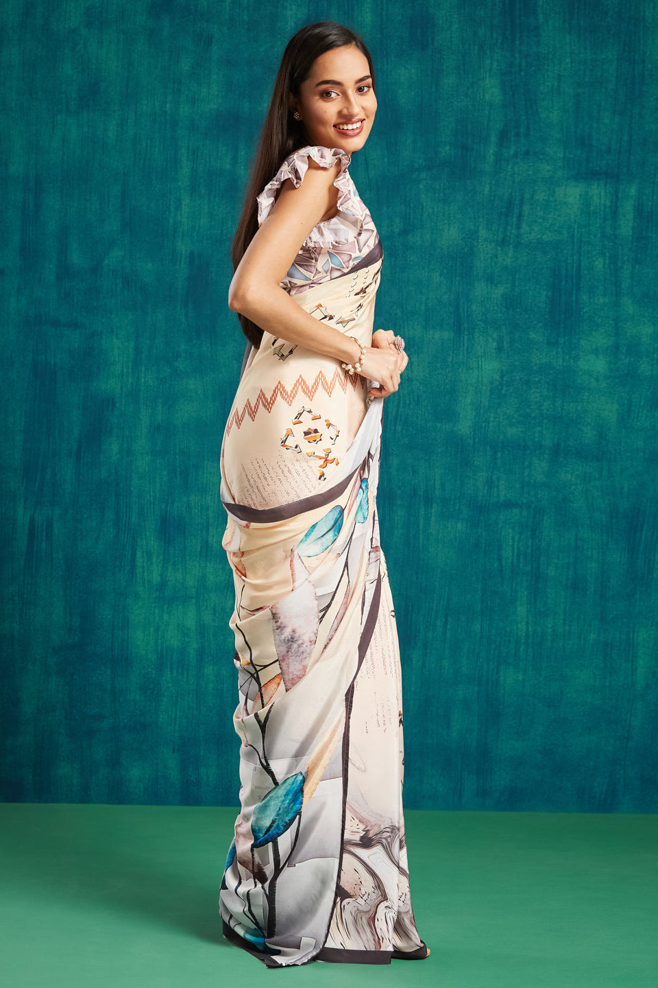 Digital Floral Printed Cream Silk Crepe Saree