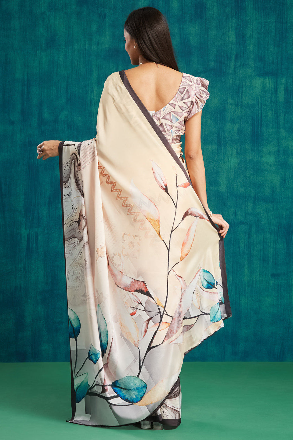 Digital Floral Printed Cream Silk Crepe Saree