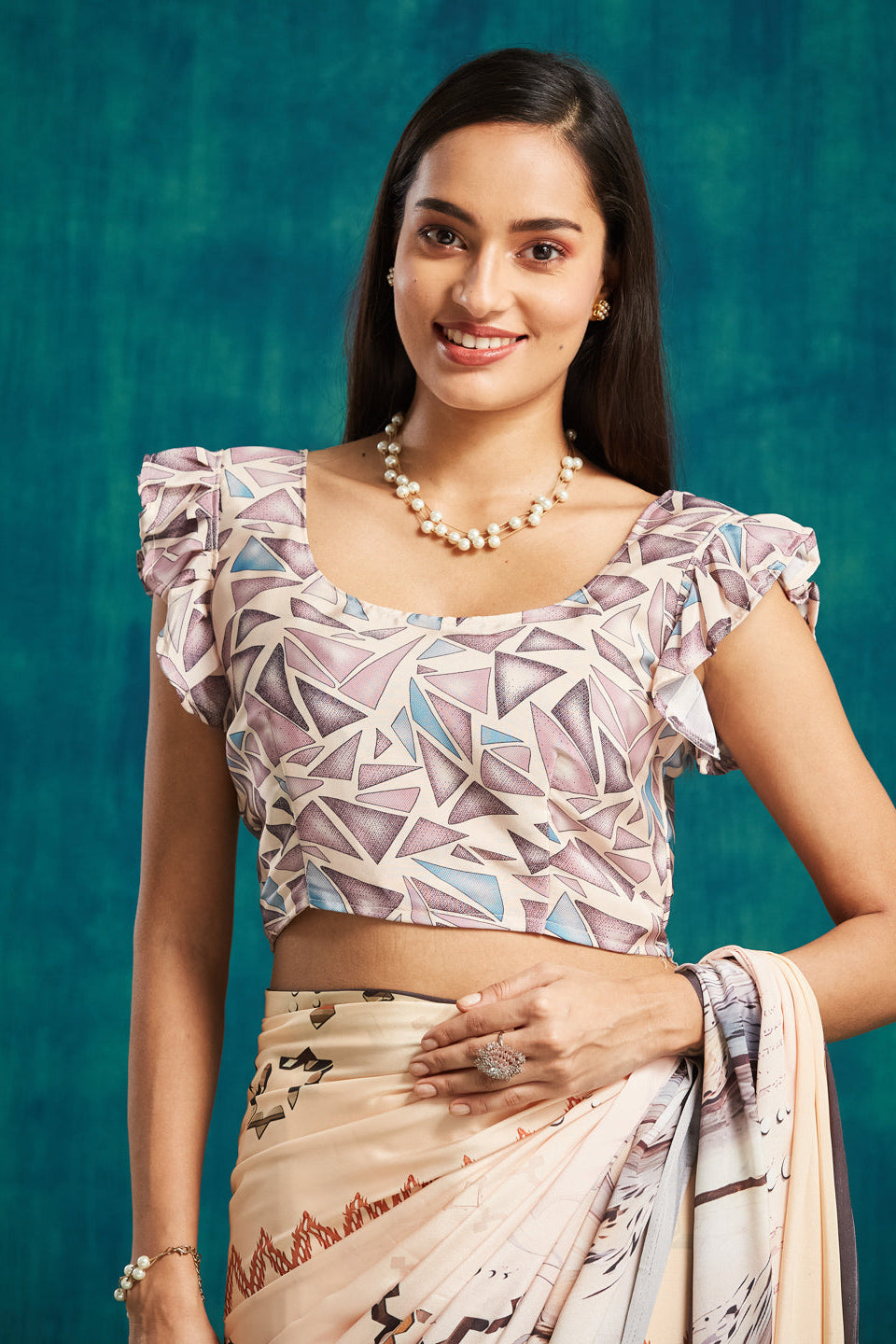 Digital Floral Printed Cream Silk Crepe Saree